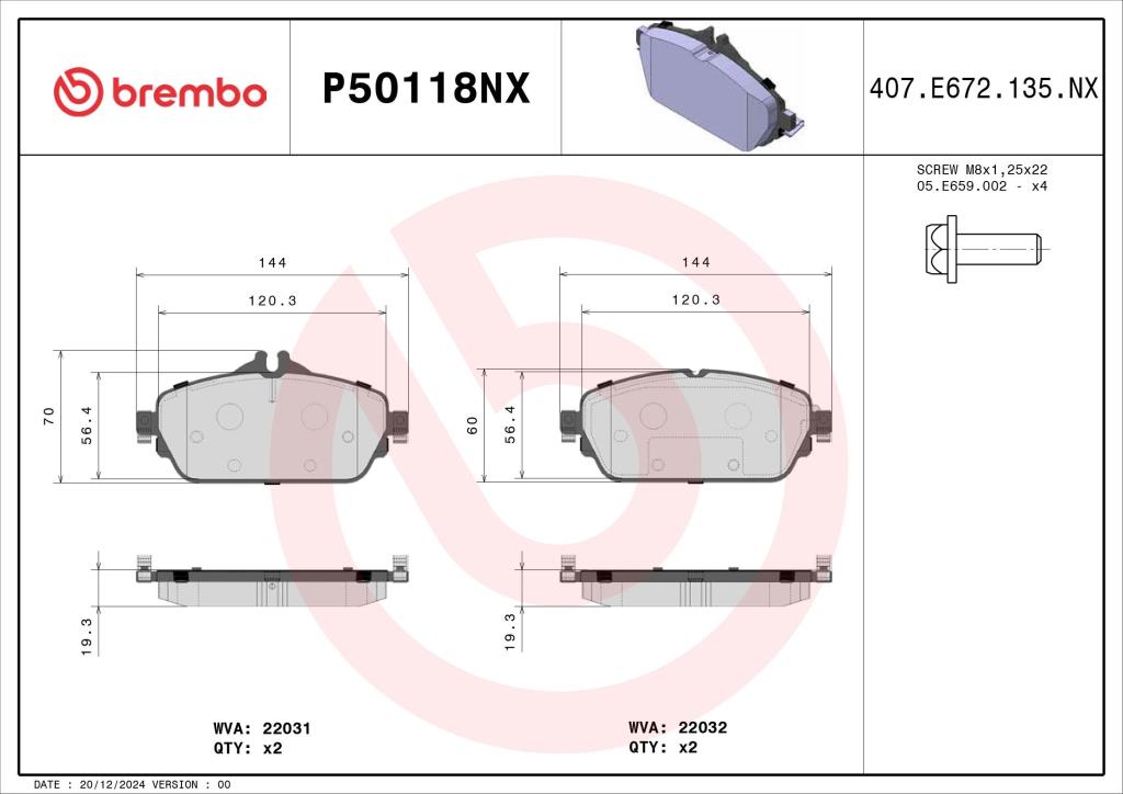 Jogo de 4 pastilhas de travão BREMBO ref. P50118NX