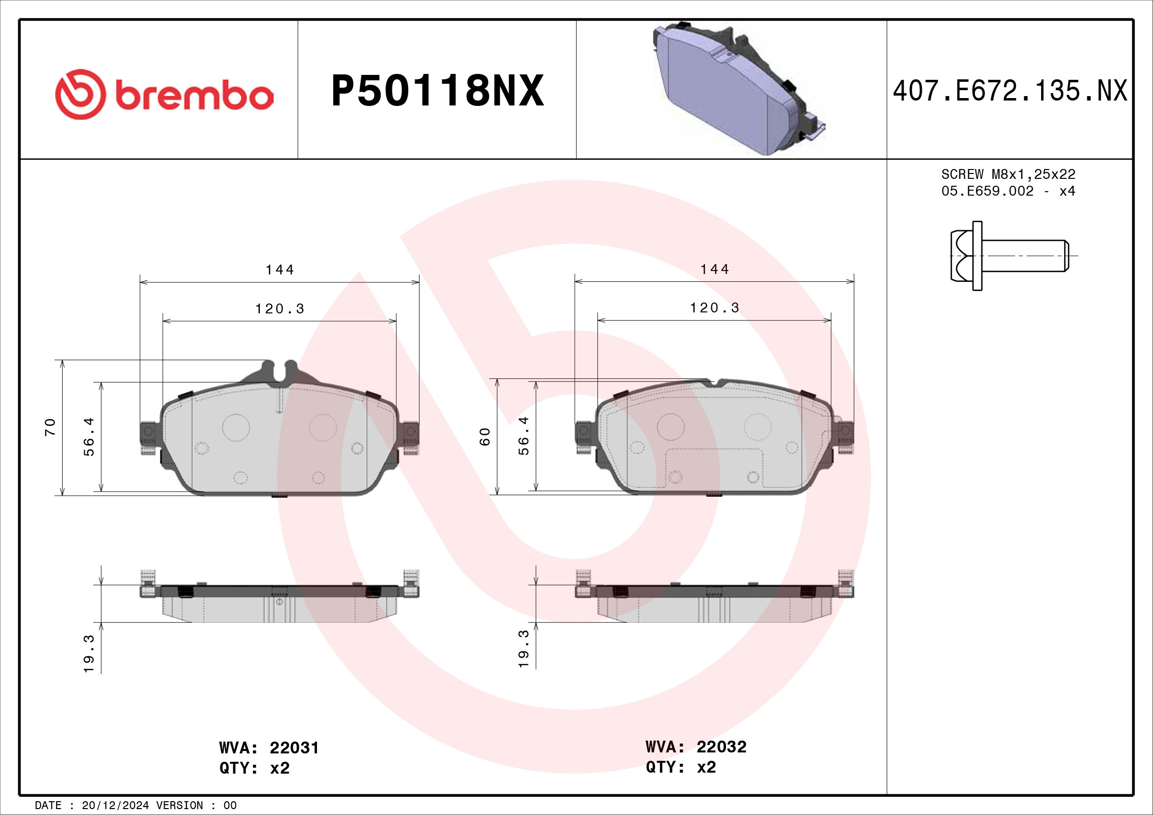 Jogo de 4 pastilhas de travão BREMBO ref. P50118NX
