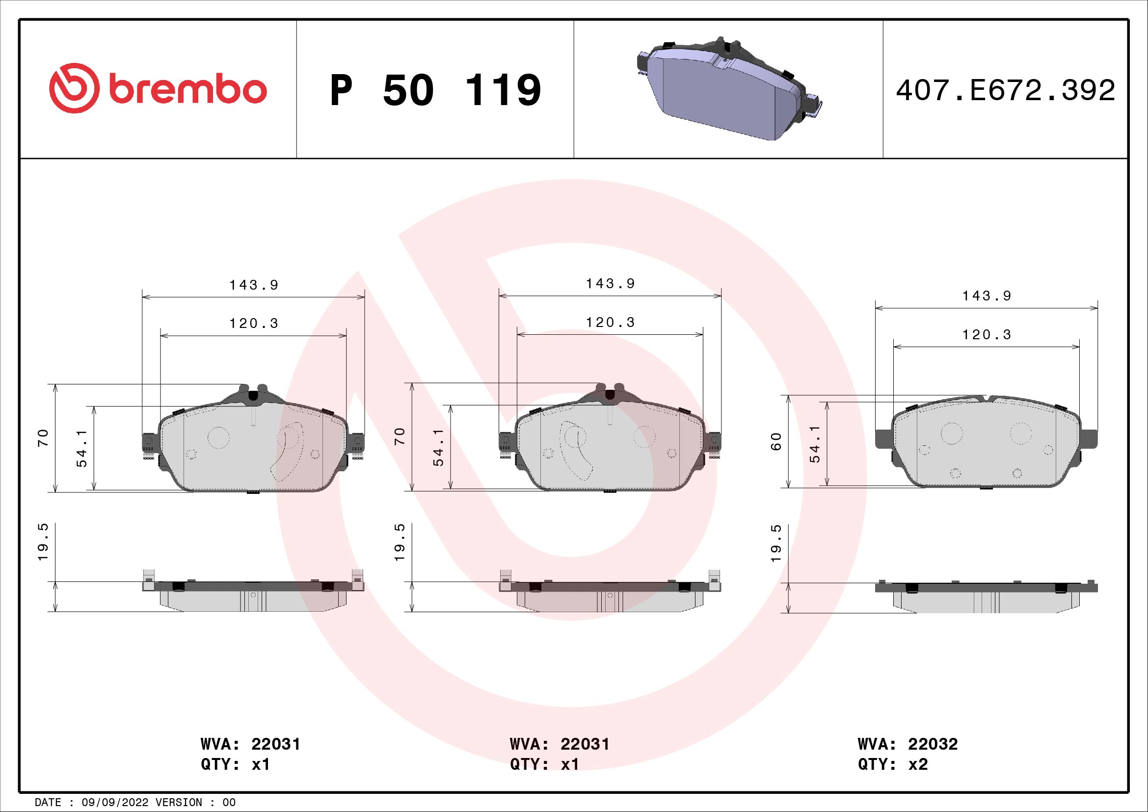 Jogo de 4 pastilhas de travão BREMBO ref. P 50 119