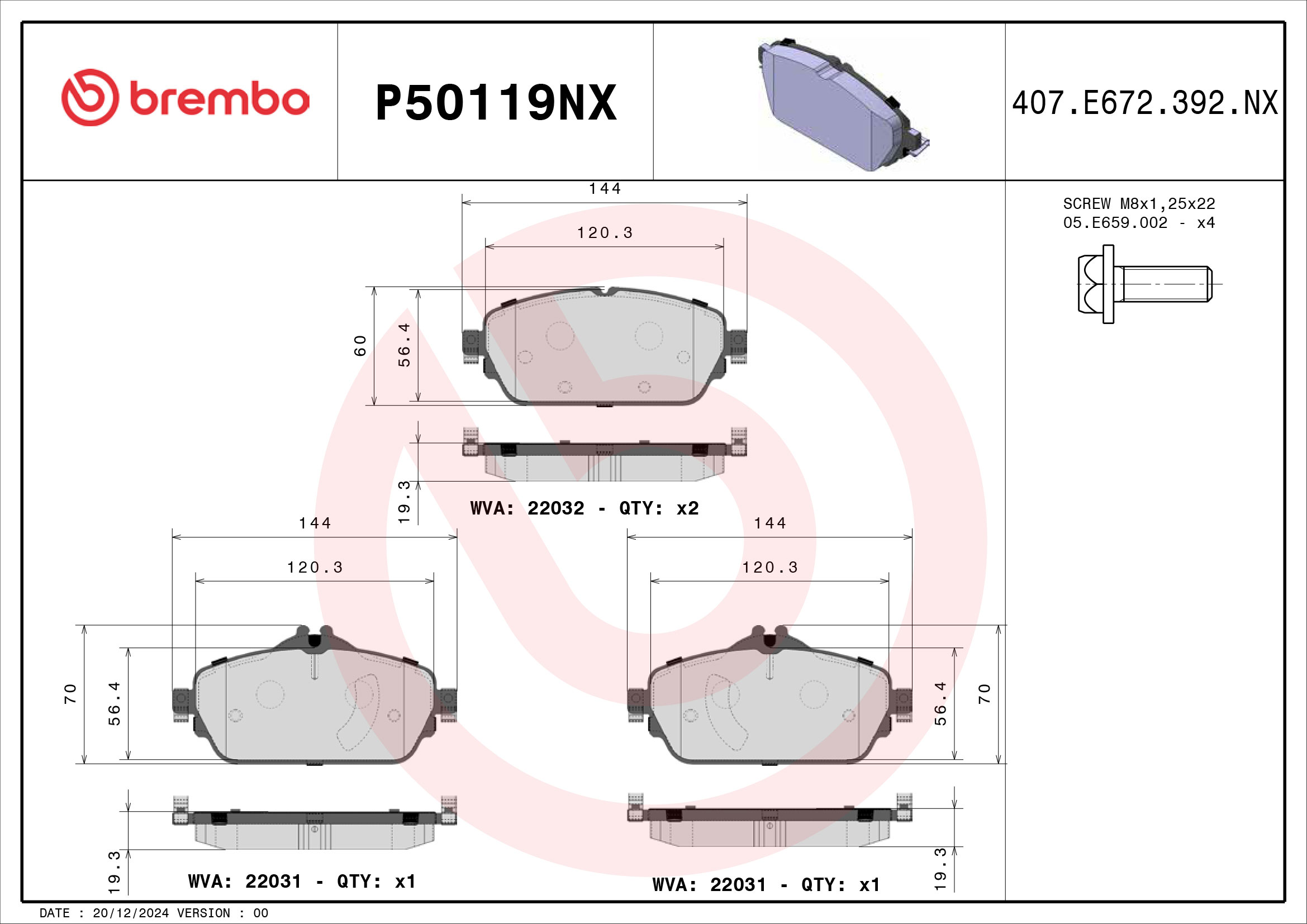 Jogo de 4 pastilhas de travão BREMBO ref. P50119NX