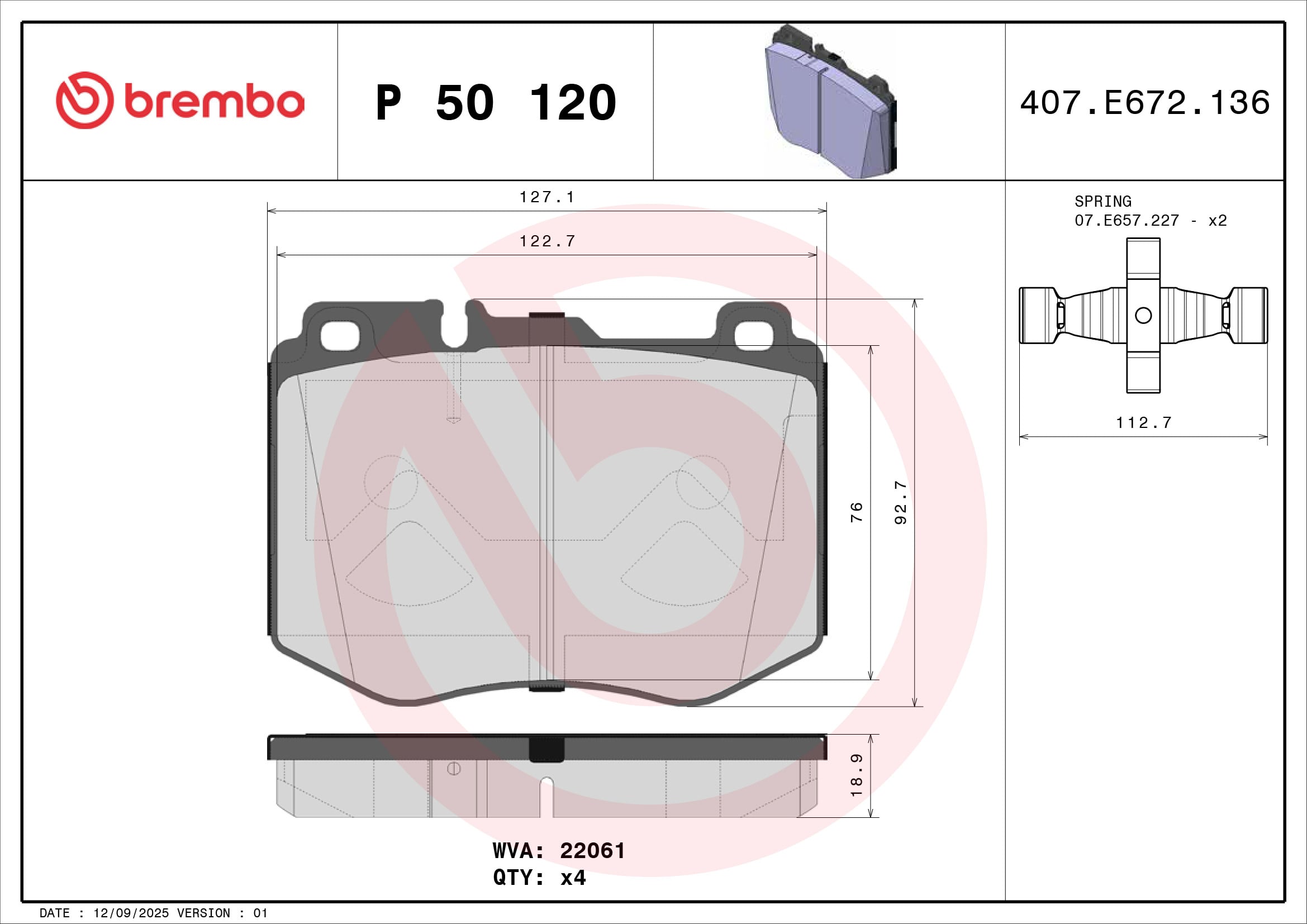 Jeu de 4 plaquettes de frein BREMBO ref. P 50 120