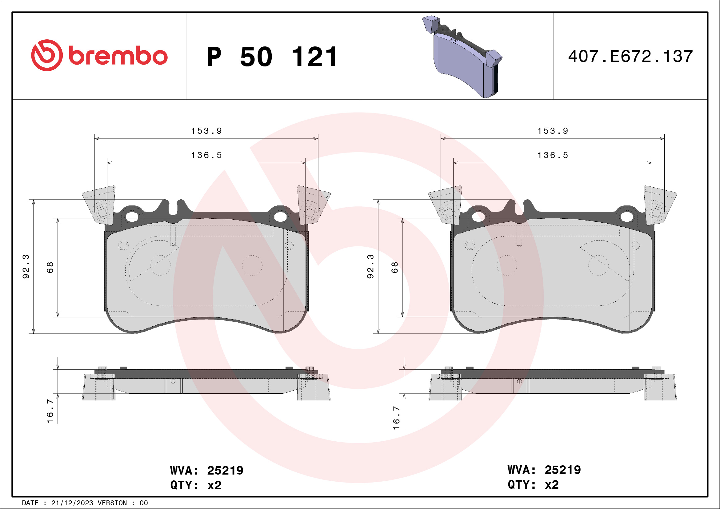Jogo de 4 pastilhas de travão BREMBO ref. P 50 121