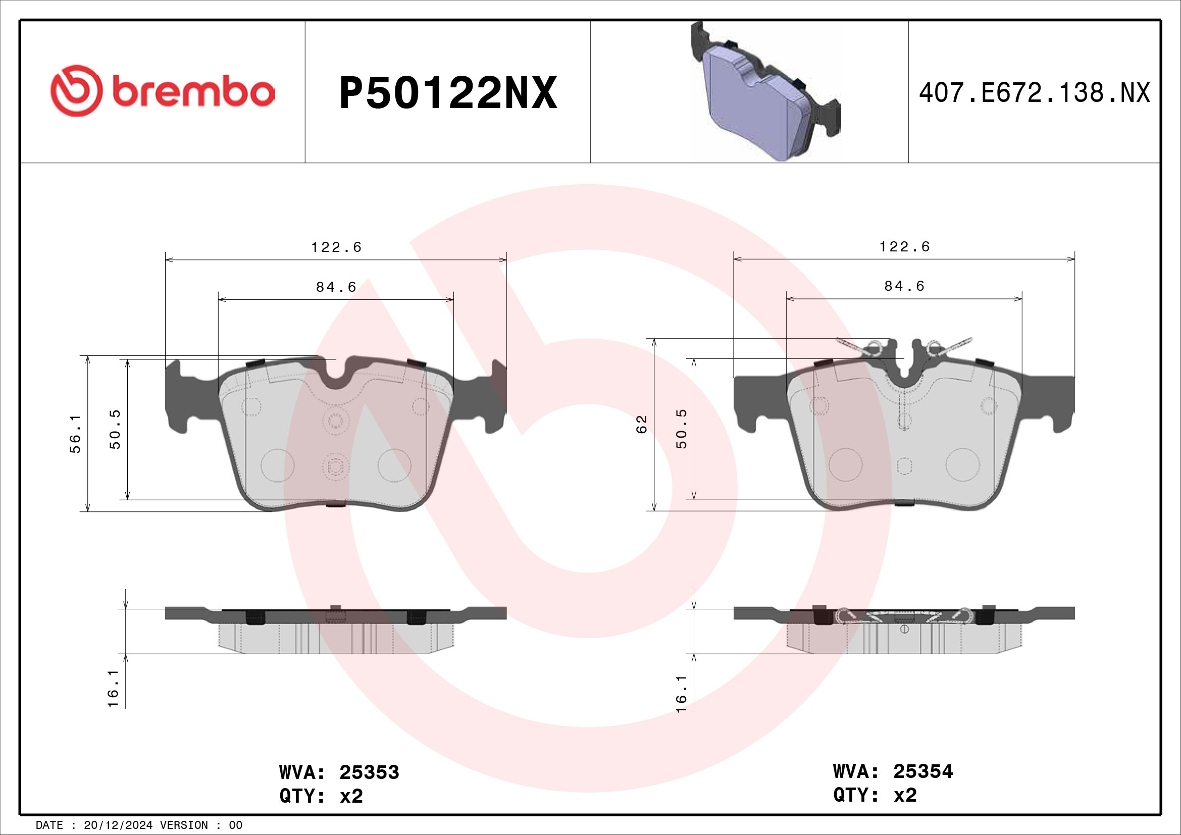 Jogo de 4 pastilhas de travão BREMBO ref. P50122NX