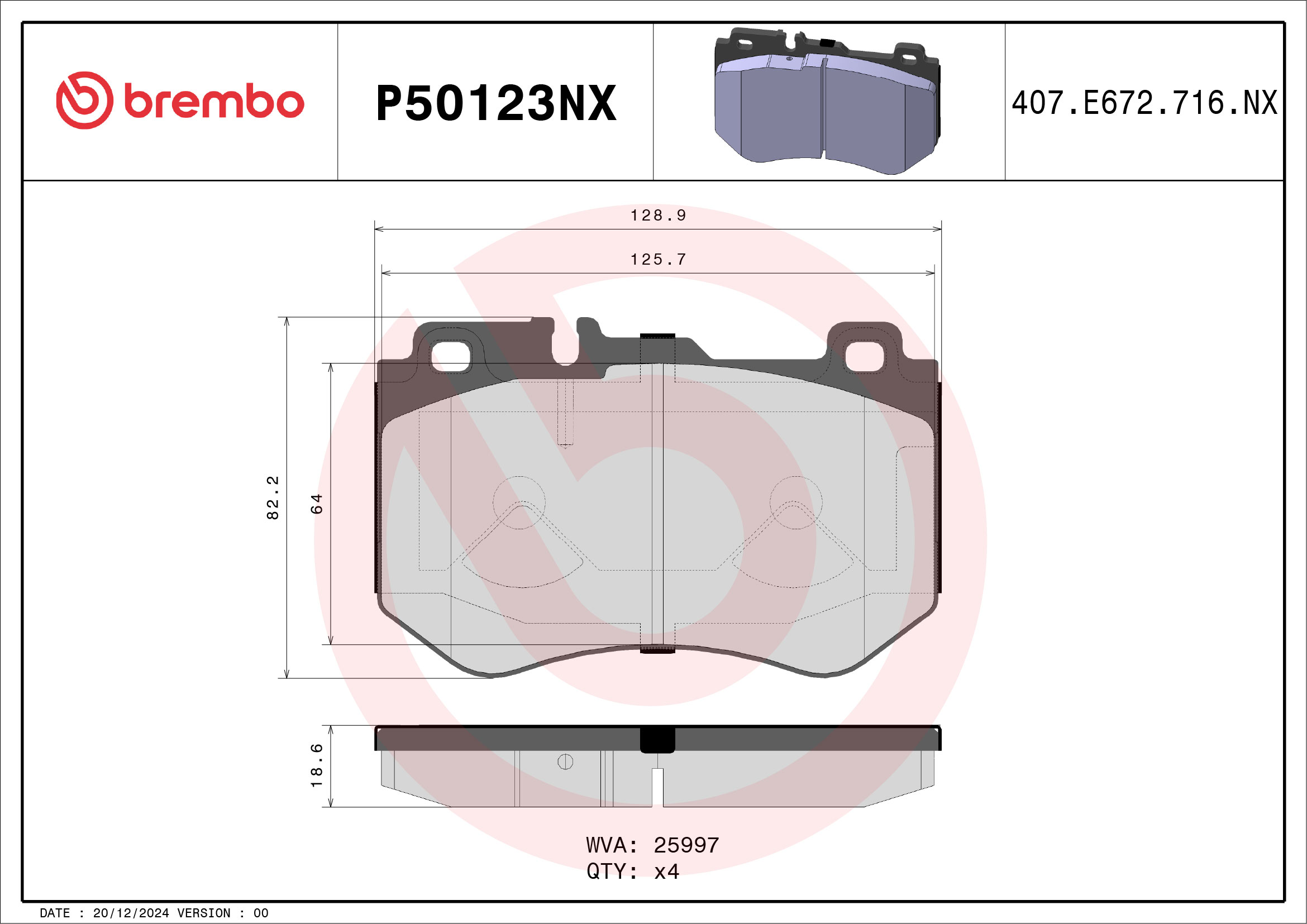 Jogo de 4 pastilhas de travão BREMBO ref. P50123NX