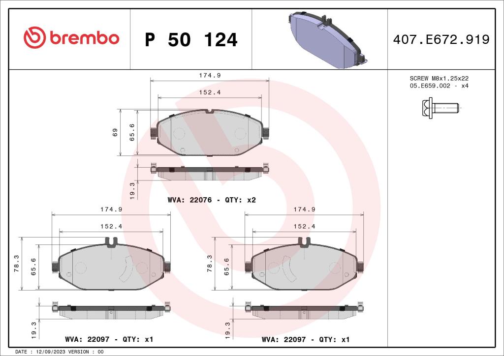 Jogo de 4 pastilhas de travão BREMBO ref. P 50 124