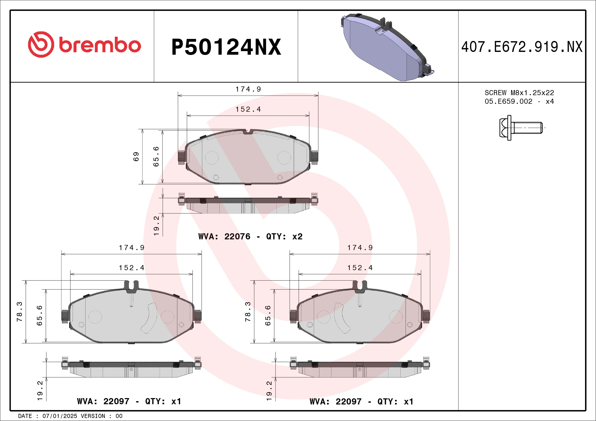 Jogo de 4 pastilhas de travão BREMBO ref. P50124NX