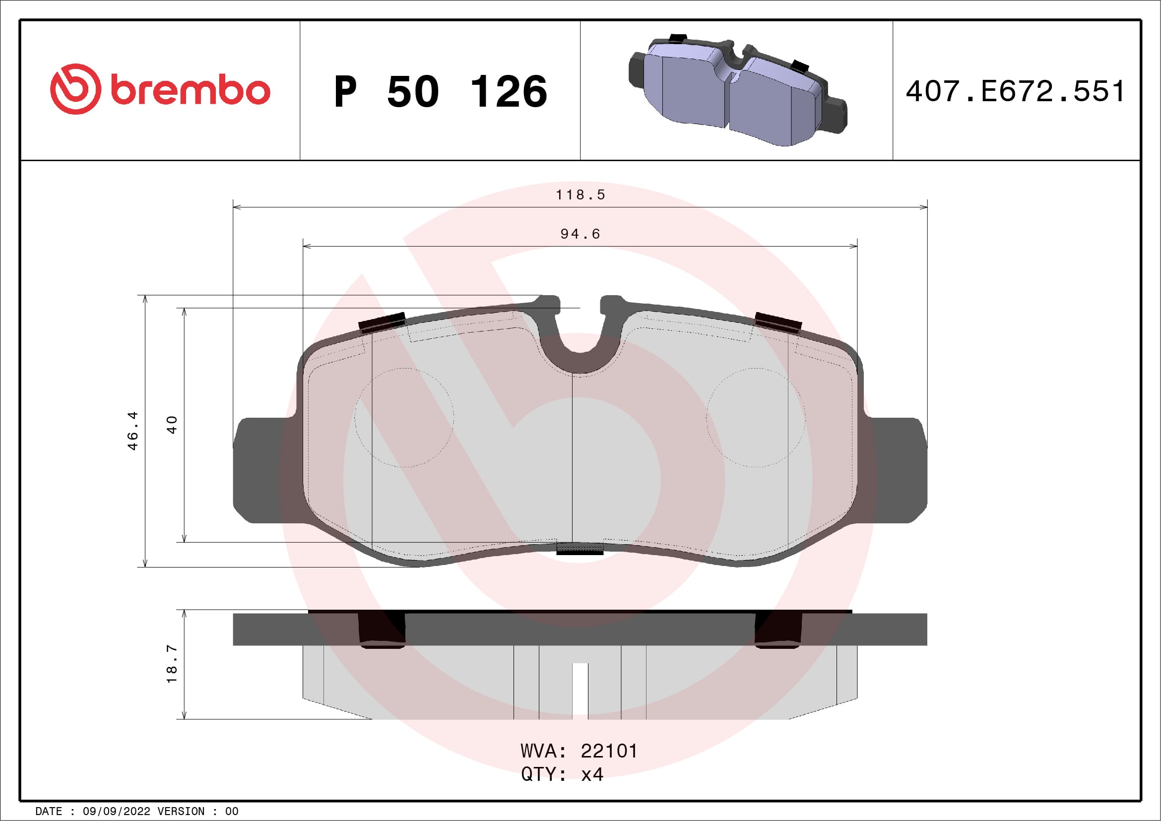 Jogo de 4 pastilhas de travão BREMBO ref. P 50 126
