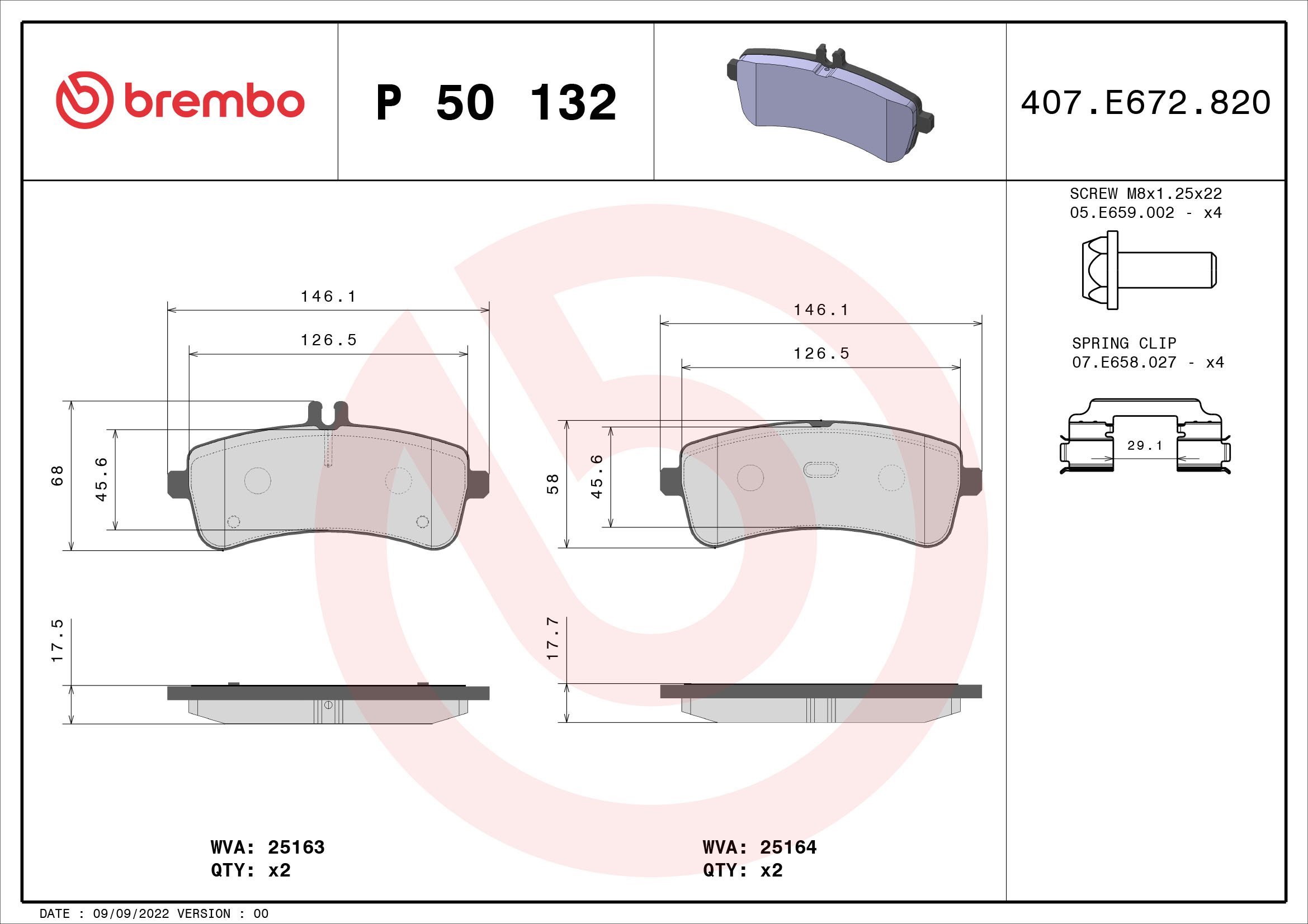 Jogo de 4 pastilhas de travão BREMBO ref. P 50 132