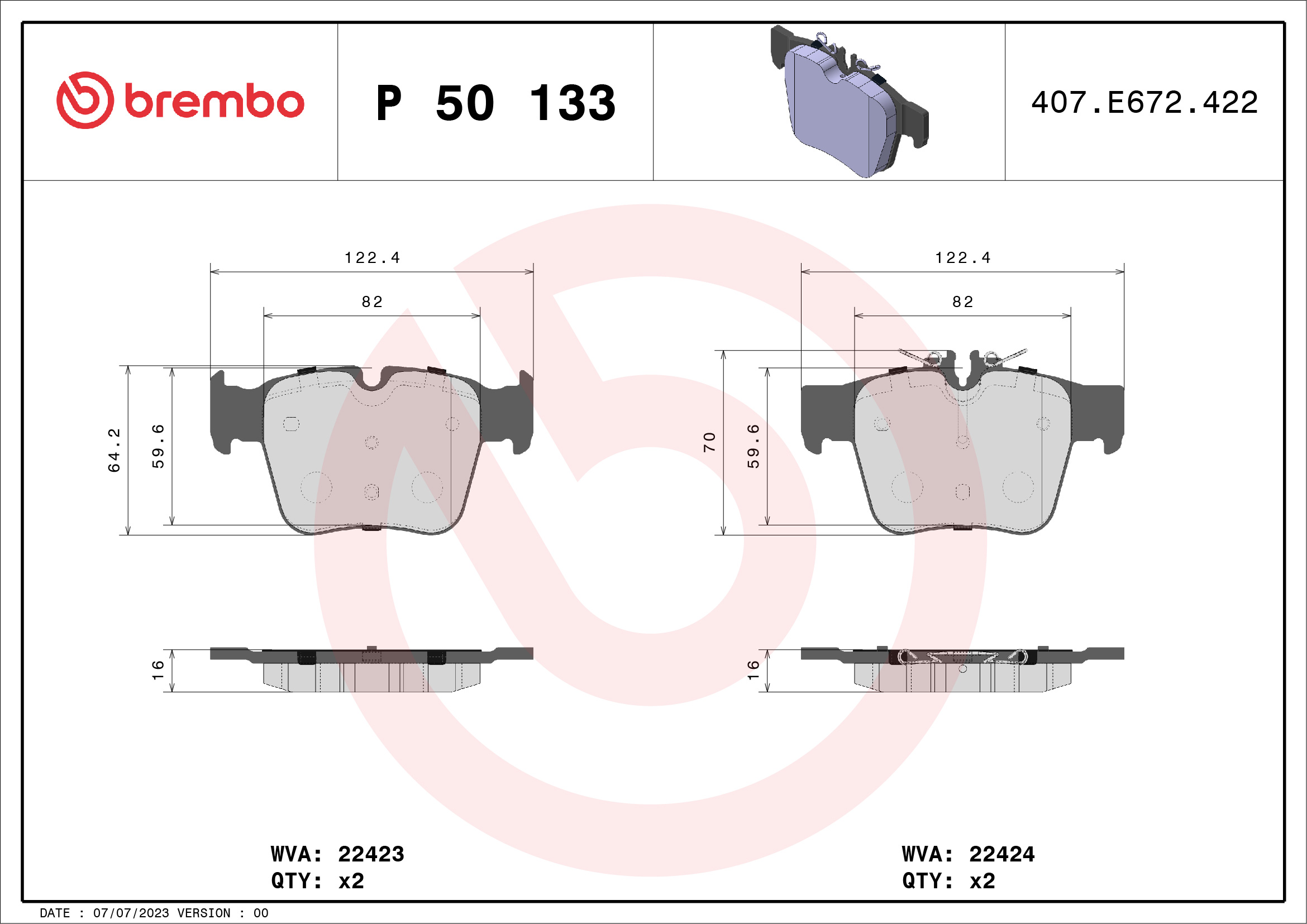 Jogo de 4 pastilhas de travão BREMBO ref. P 50 133
