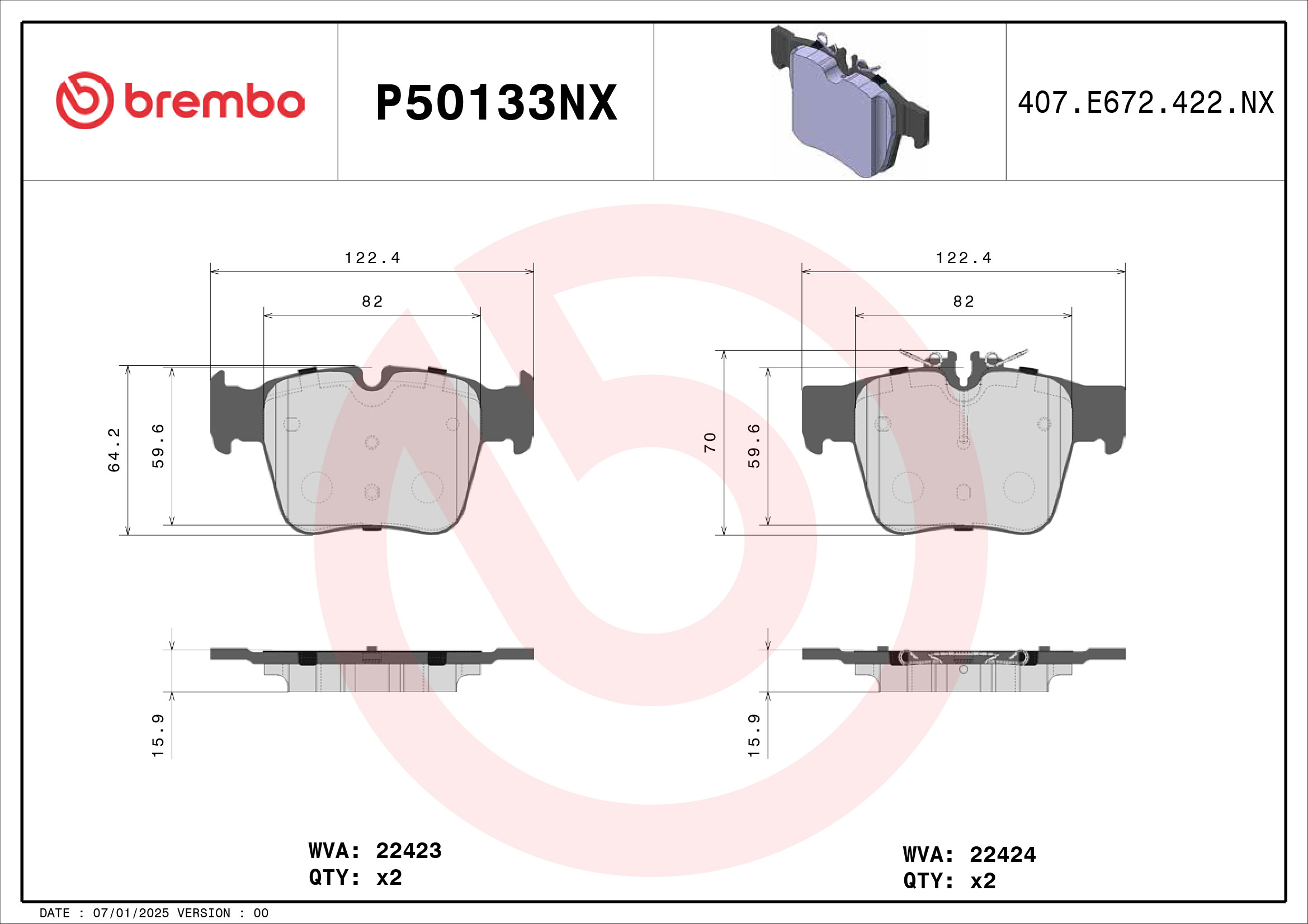 Jogo de 4 pastilhas de travão BREMBO ref. P50133NX