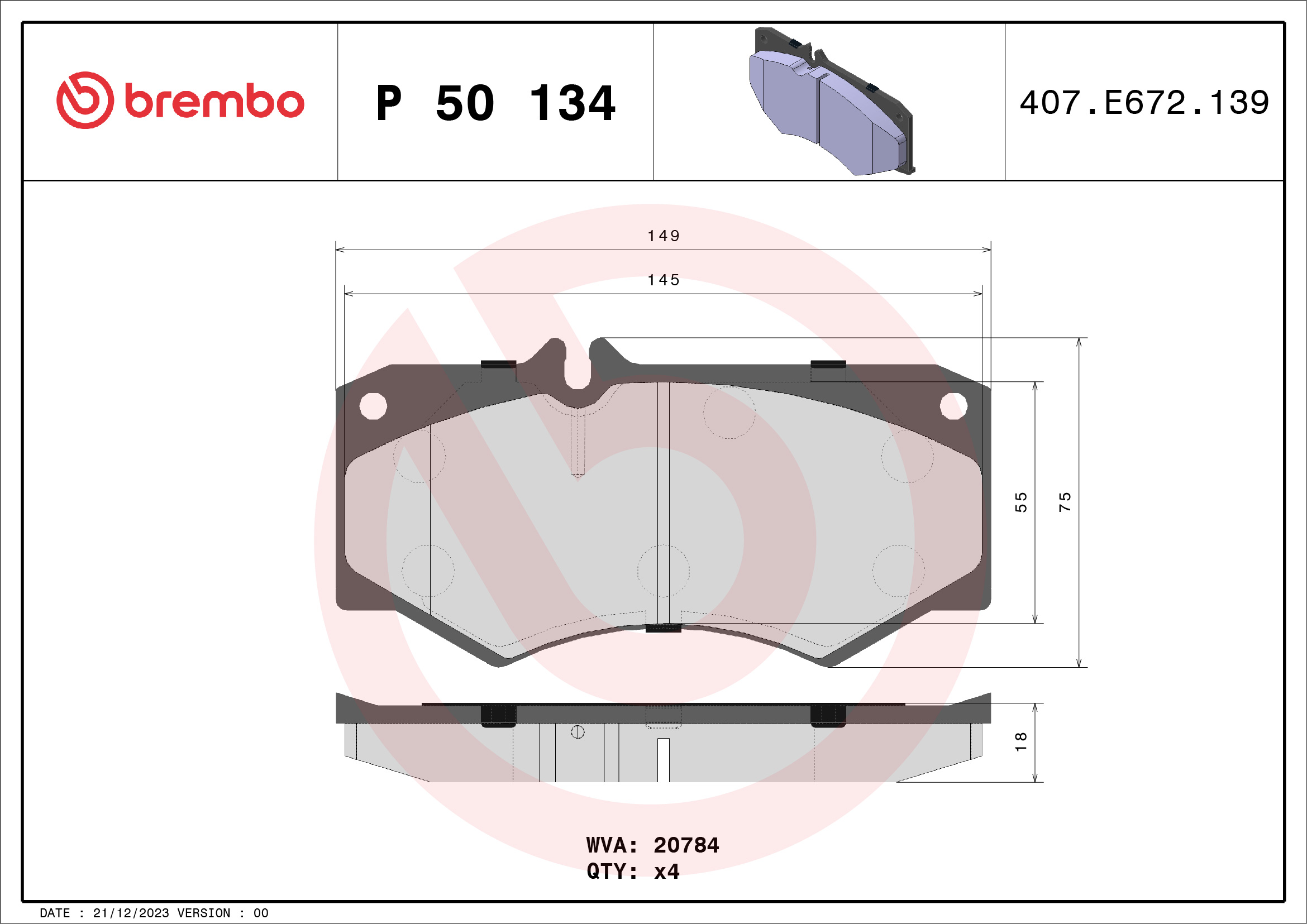 Jogo de 4 pastilhas de travão BREMBO ref. P 50 134
