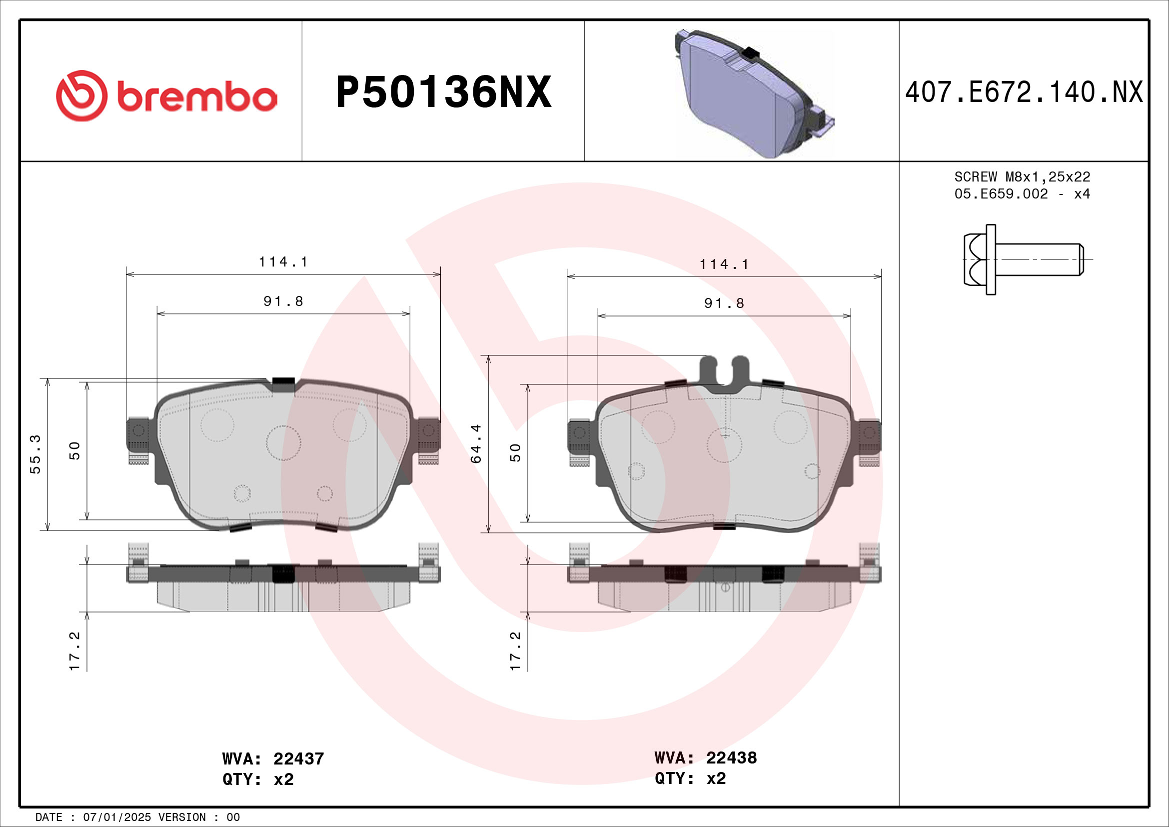 Jogo de 4 pastilhas de travão BREMBO ref. P50136NX