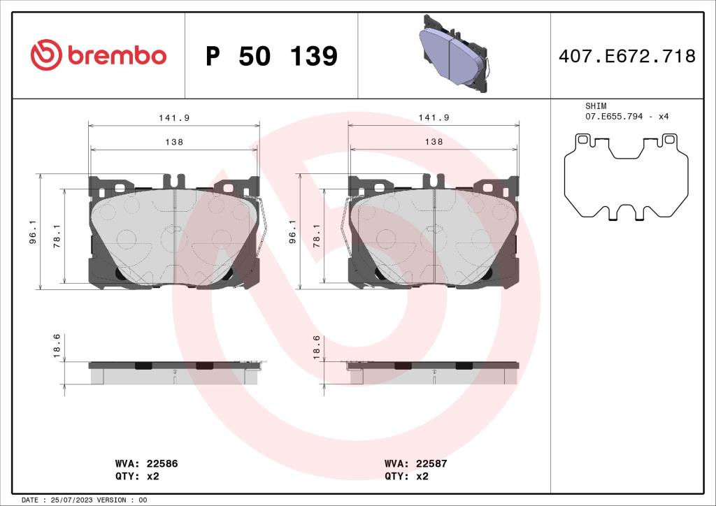 Jogo de 4 pastilhas de travão BREMBO ref. P 50 139