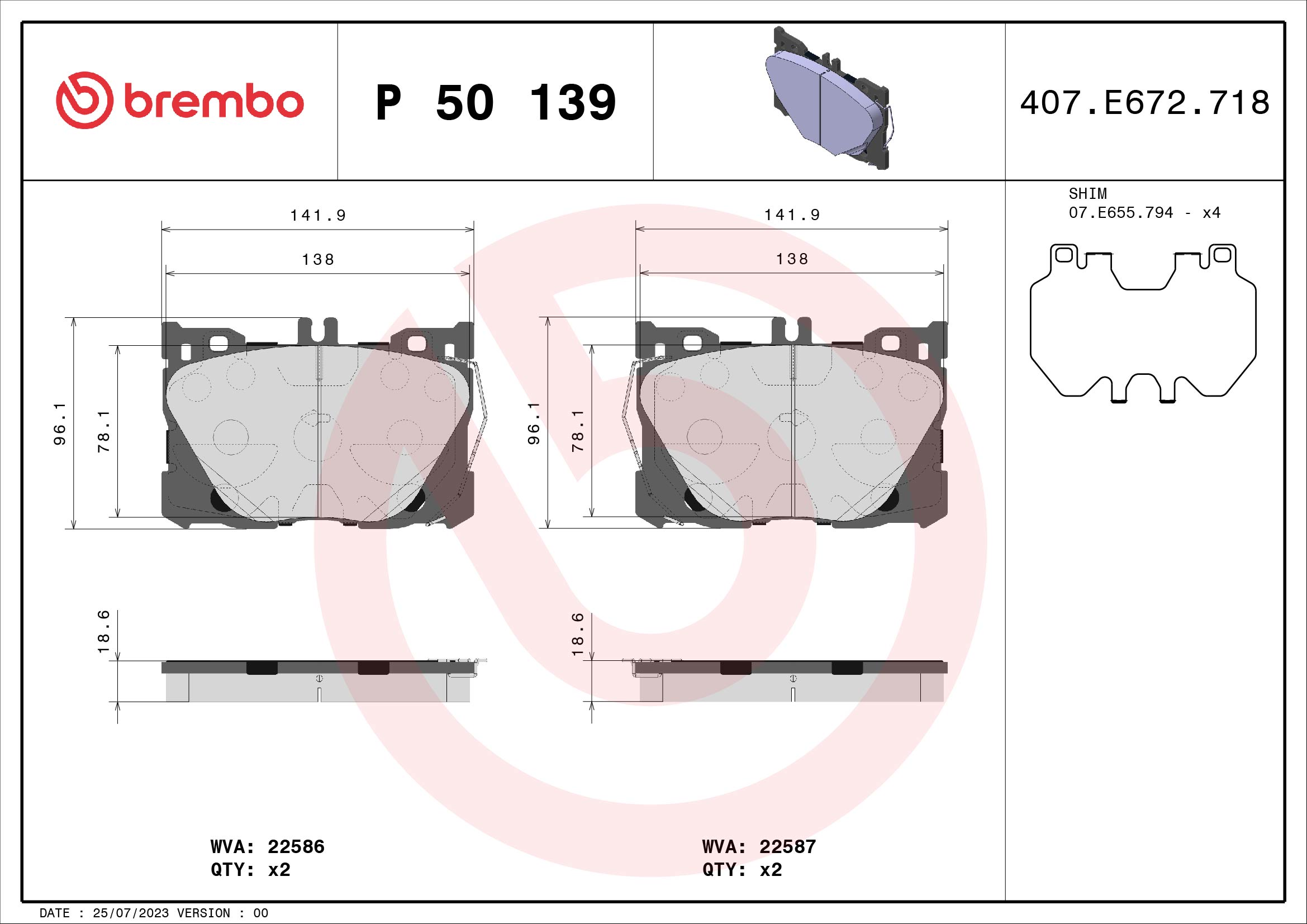Jogo de 4 pastilhas de travão BREMBO ref. P 50 139