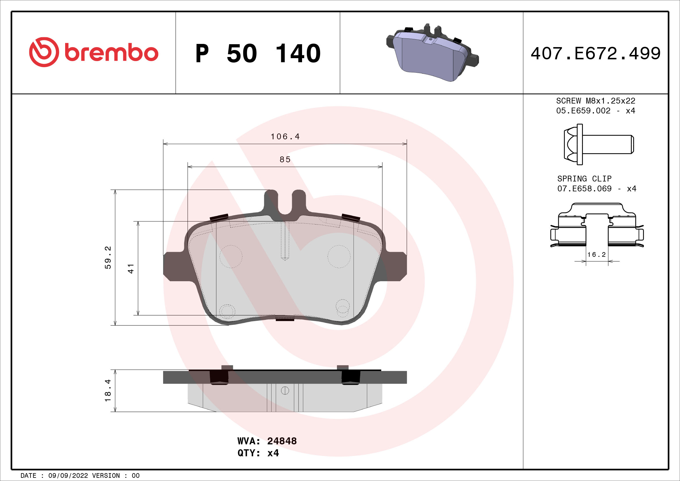Jogo de 4 pastilhas de travão BREMBO ref. P 50 140
