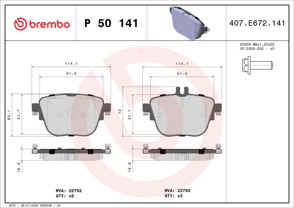 Jogo de 4 pastilhas de travão BREMBO ref. P 50 141