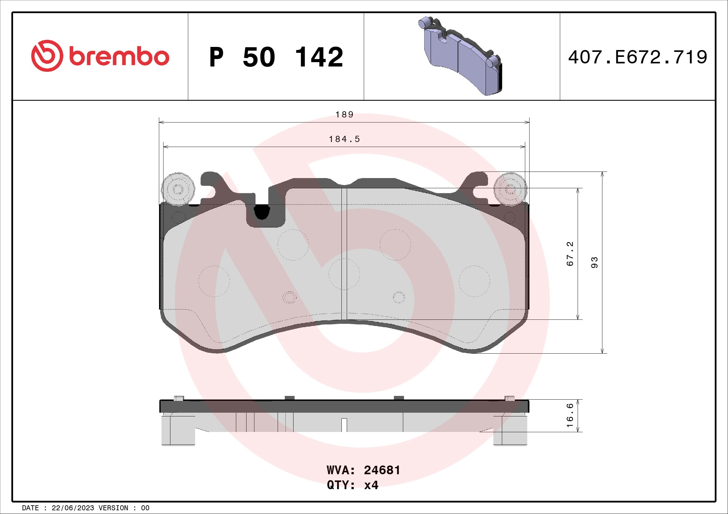 Jogo de 4 pastilhas de travão BREMBO ref. P 50 142