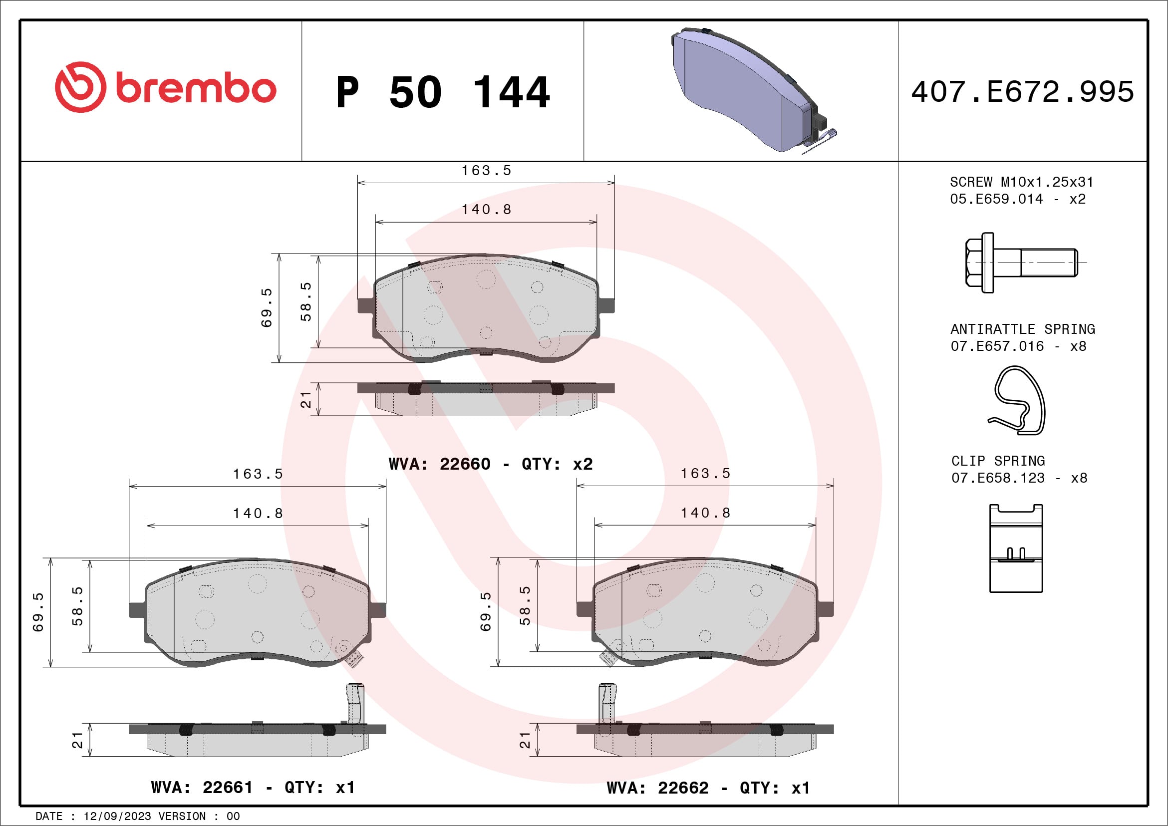 Jogo de 4 pastilhas de travão BREMBO ref. P 50 144
