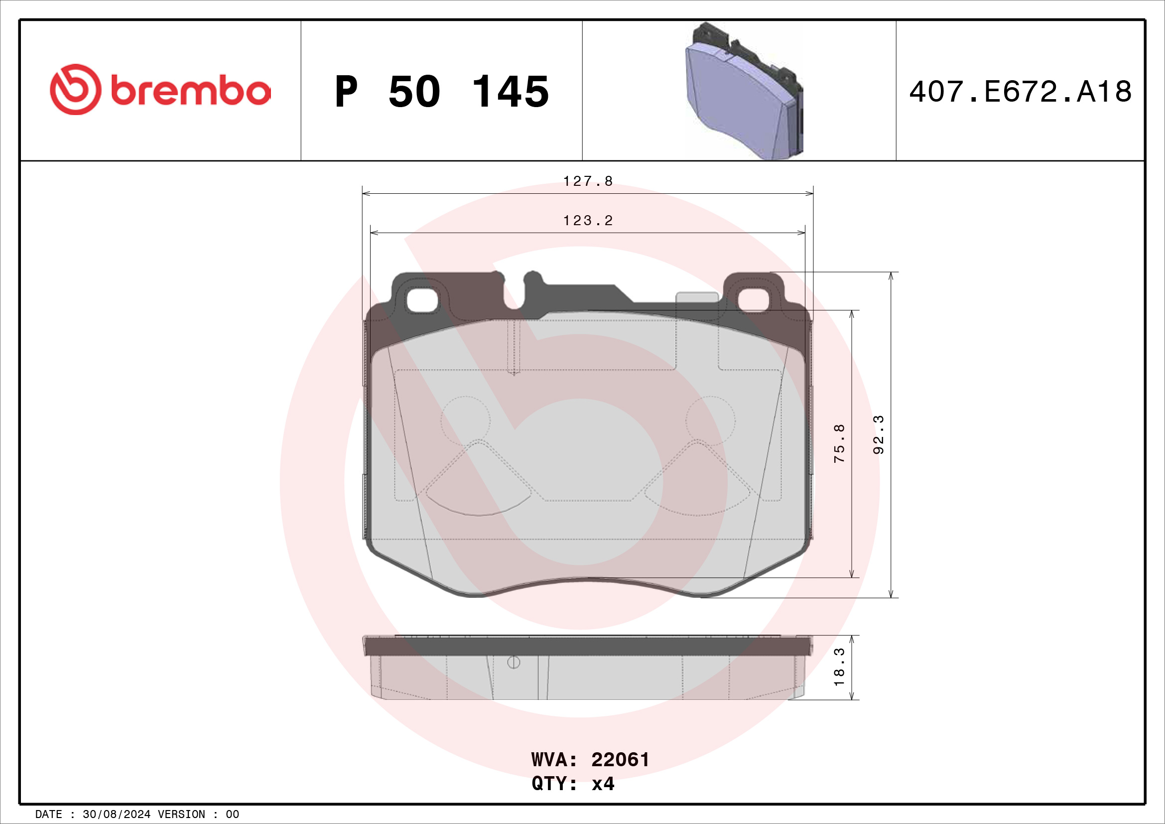 Jeu de 4 plaquettes de frein BREMBO ref. P 50 145