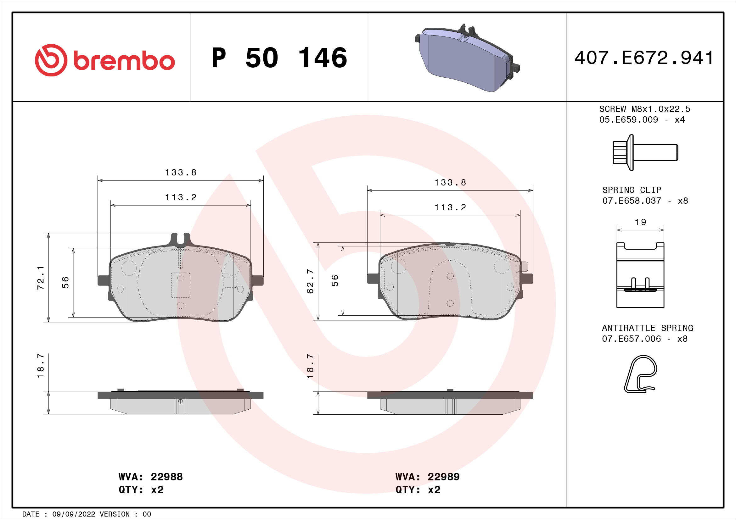 Jogo de 4 pastilhas de travão BREMBO ref. P 50 146