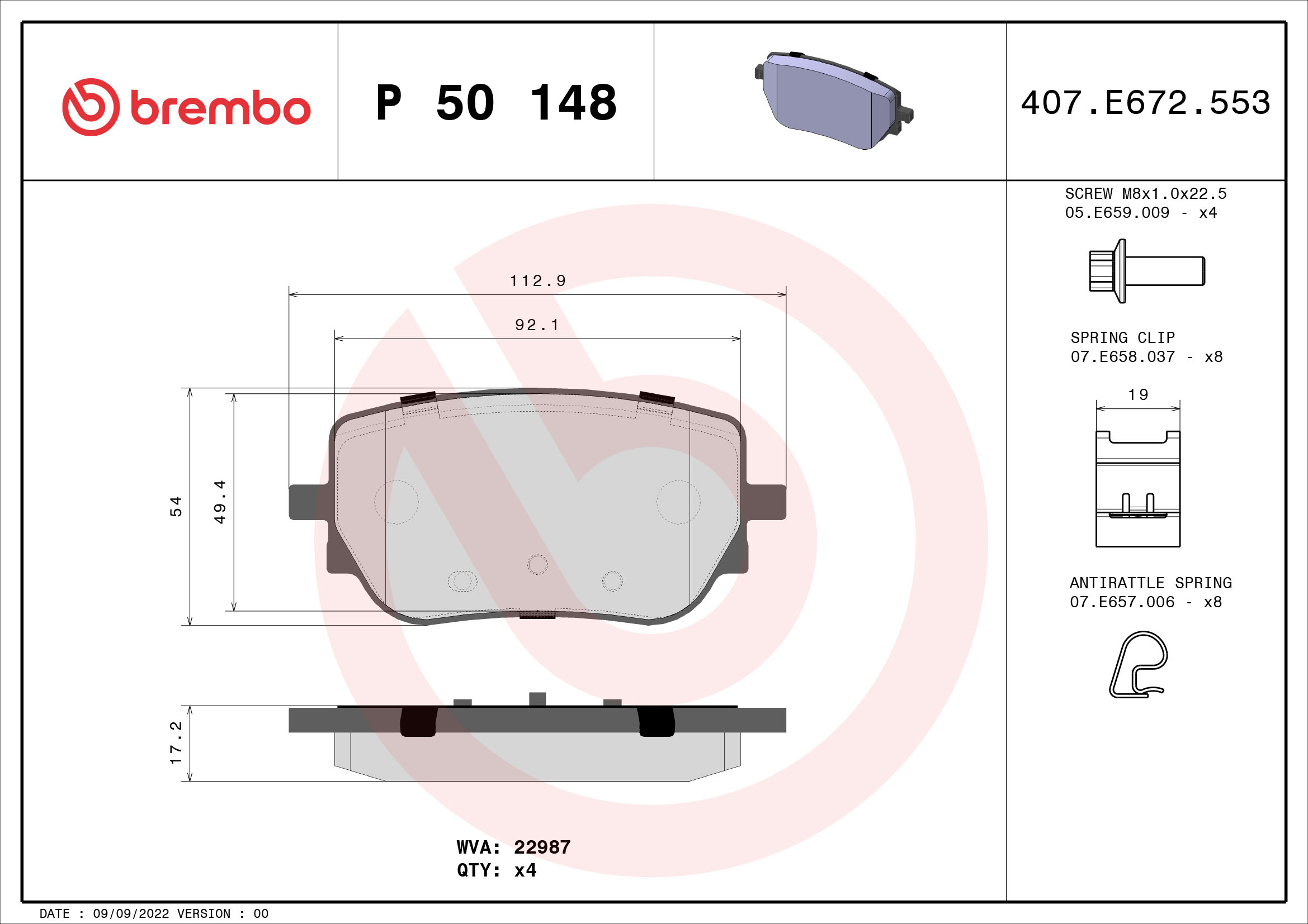 Jogo de 4 pastilhas de travão BREMBO ref. P 50 148