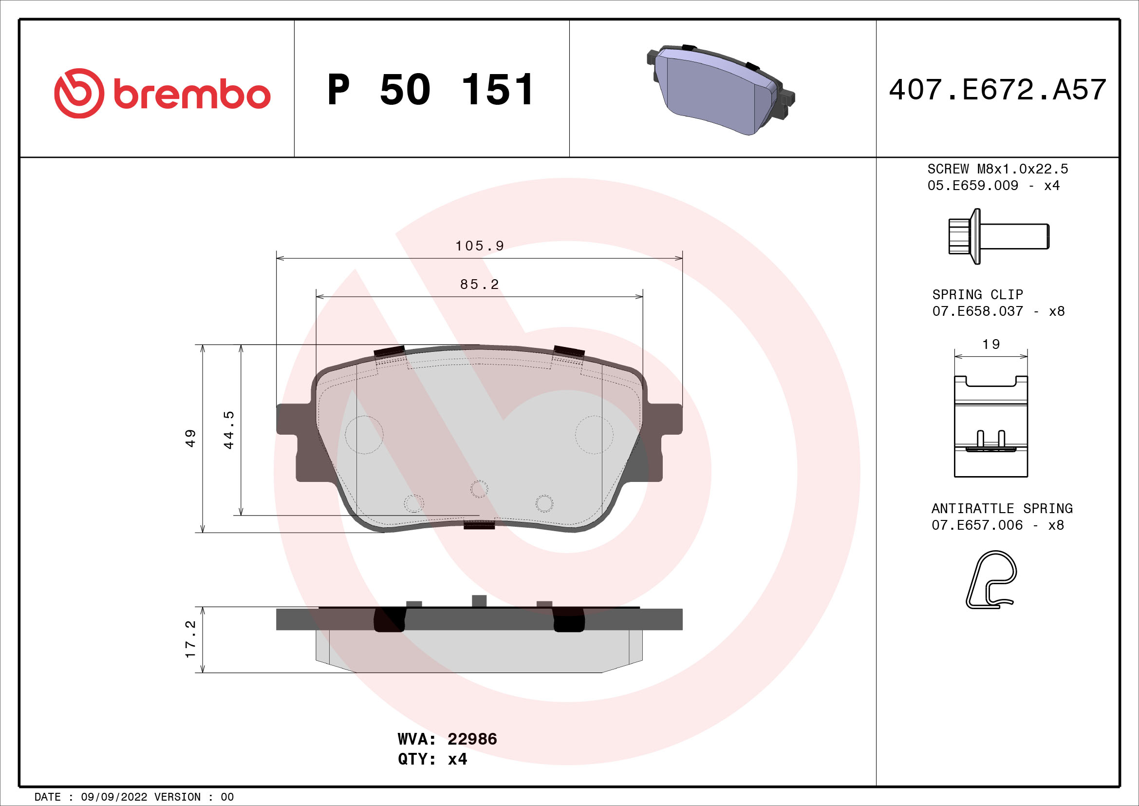 Jogo de 4 pastilhas de travão BREMBO ref. P 50 151