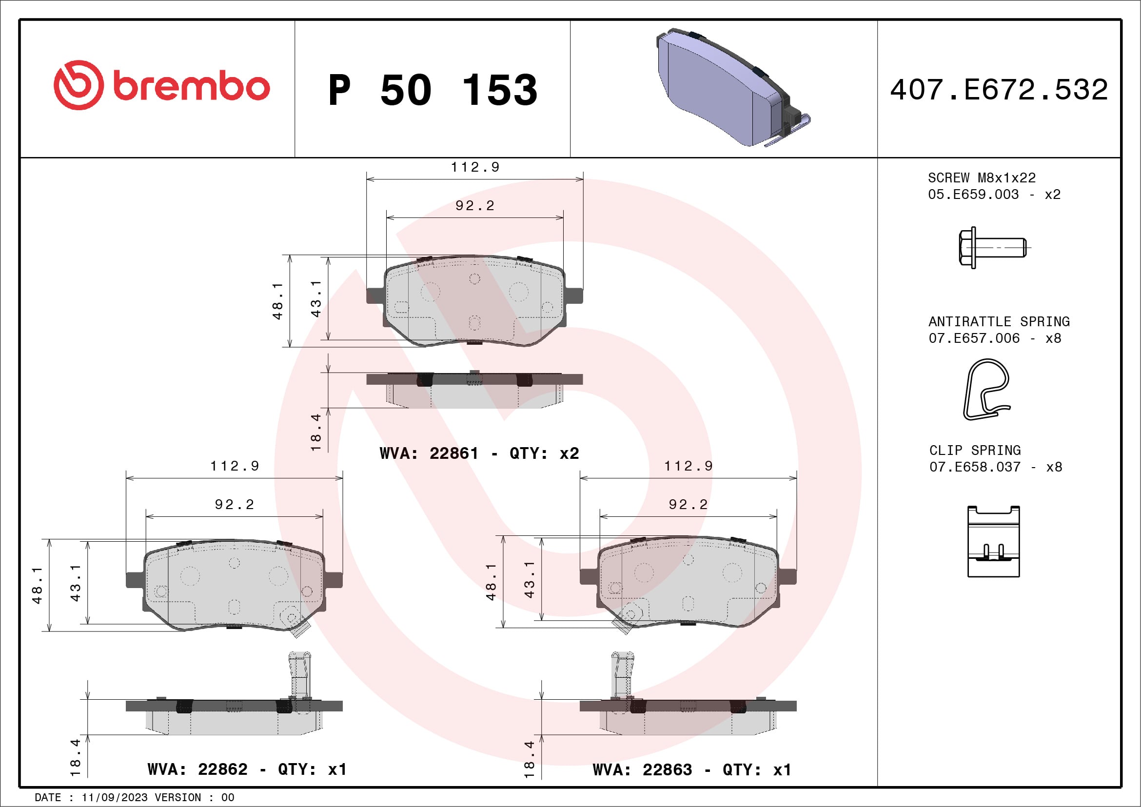 Jogo de 4 pastilhas de travão BREMBO ref. P 50 153