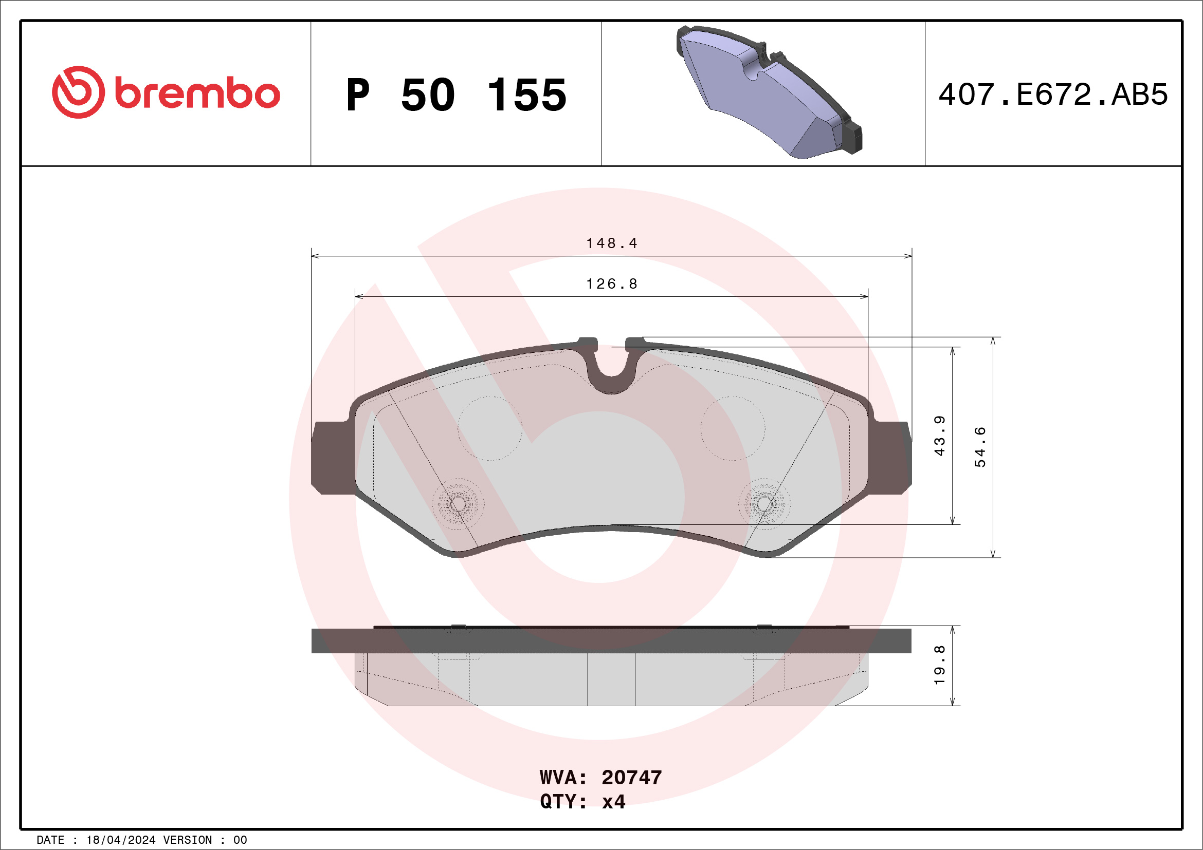 Jogo de 4 pastilhas de travão BREMBO ref. P 50 155