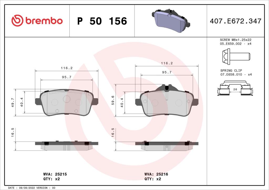 Jogo de 4 pastilhas de travão BREMBO ref. P 50 156