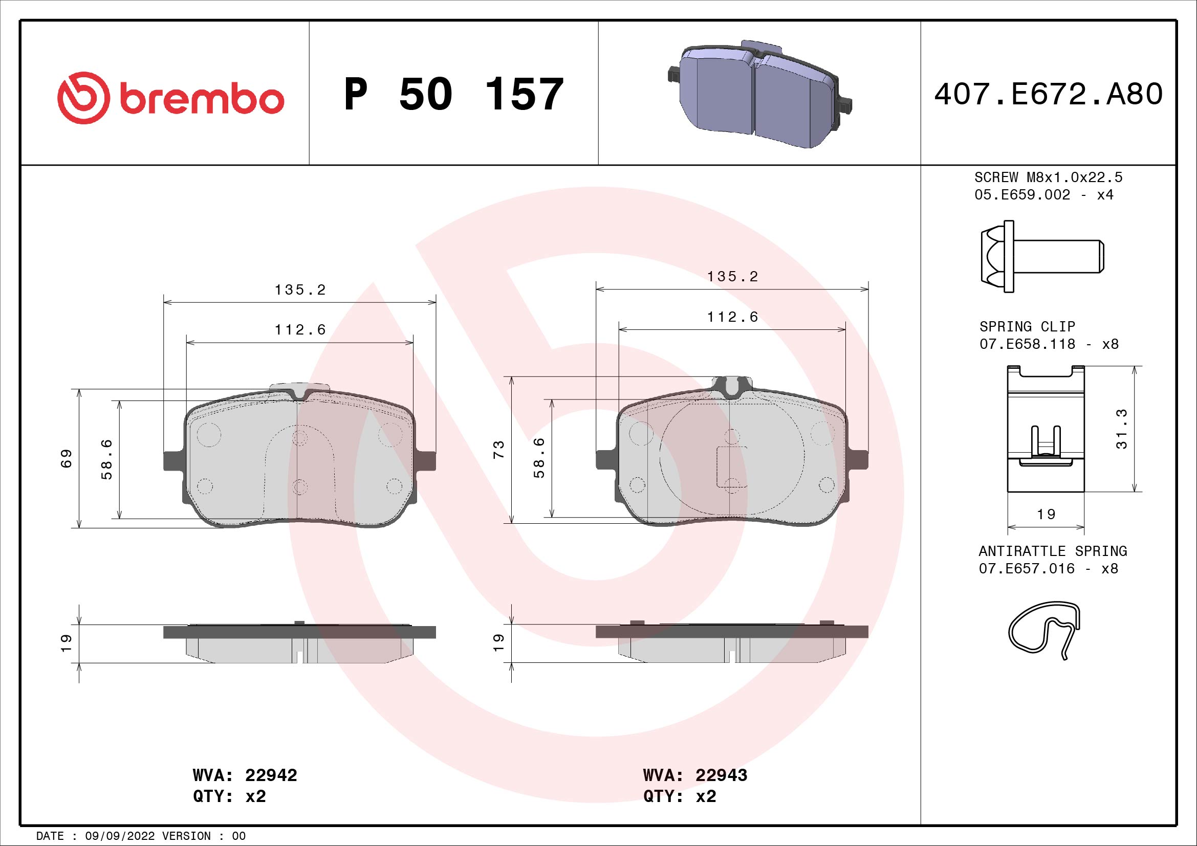 Jogo de 4 pastilhas de travão BREMBO ref. P 50 157