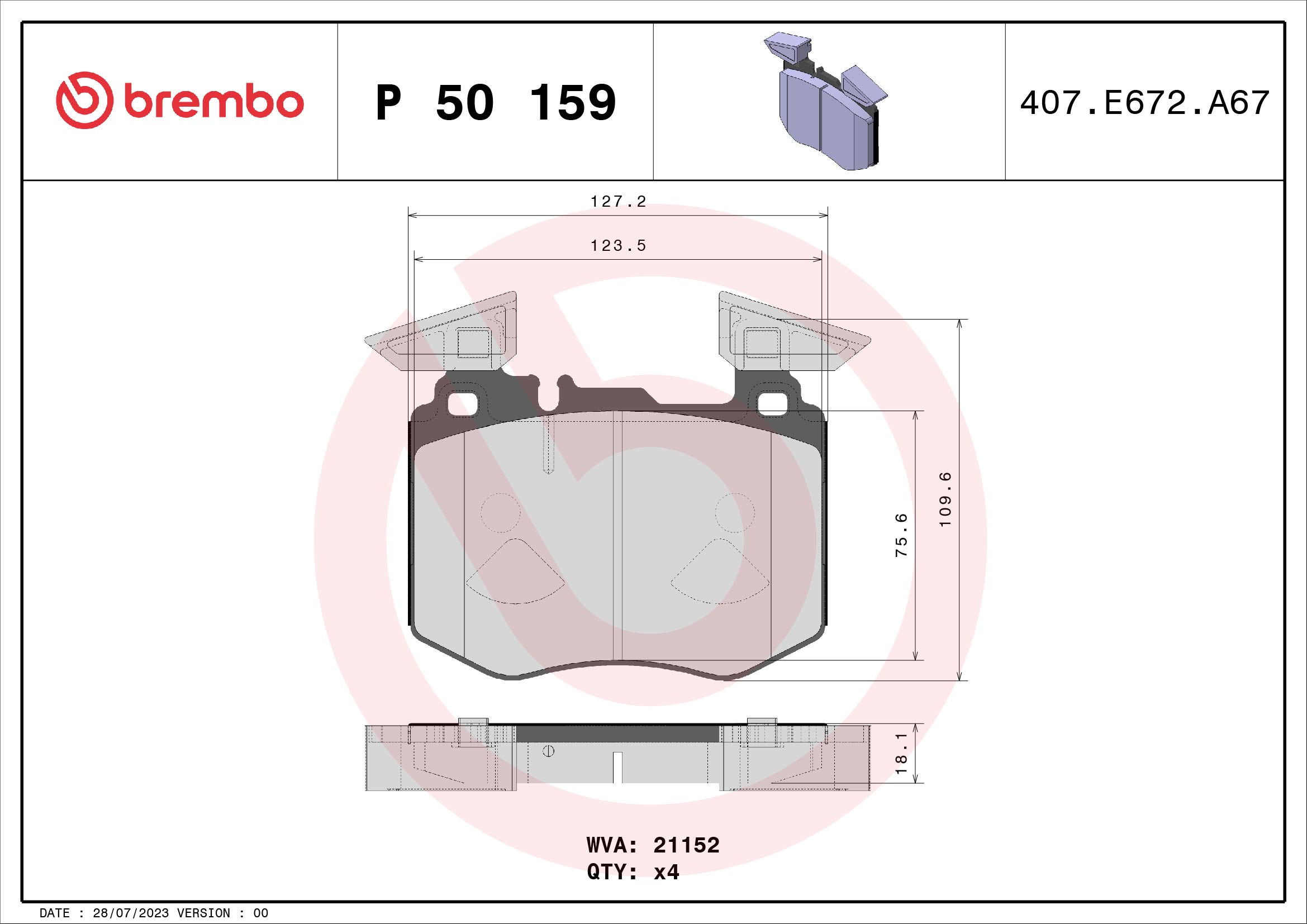 Jogo de 4 pastilhas de travão BREMBO ref. P 50 159