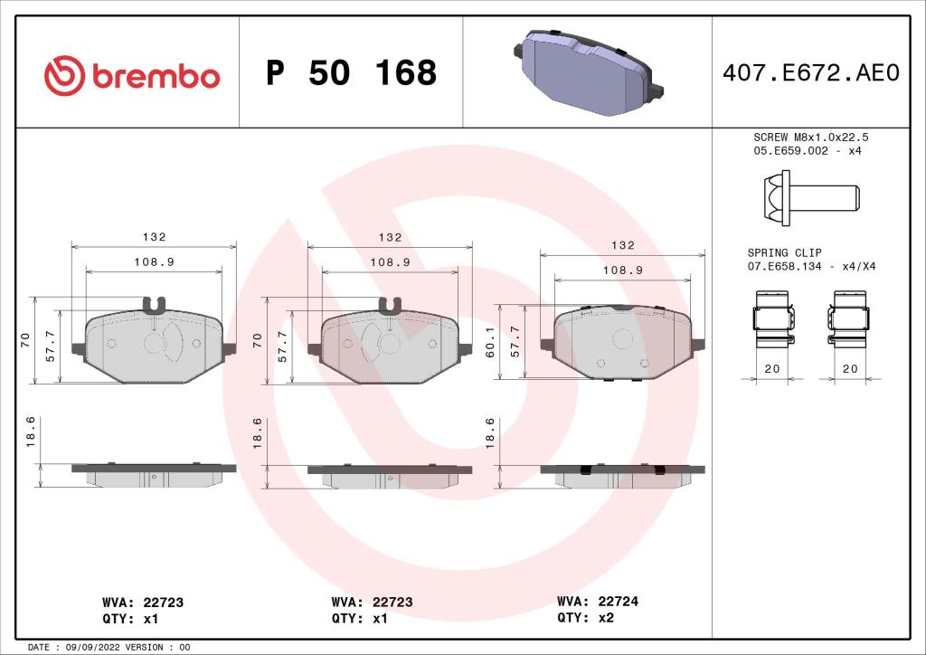 Jogo de 4 pastilhas de travão BREMBO ref. P 50 168