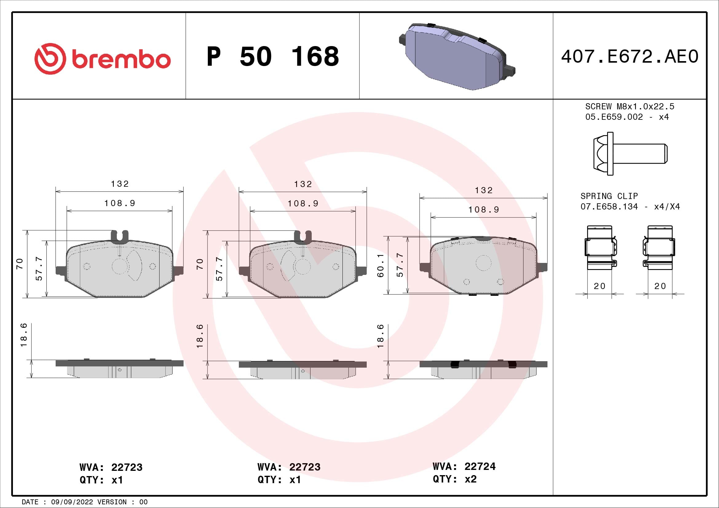 Jogo de 4 pastilhas de travão BREMBO ref. P 50 168