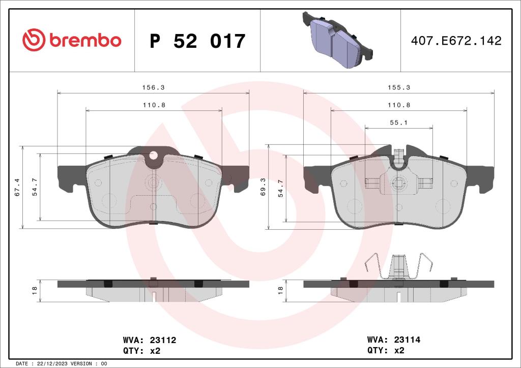 Jogo de 4 pastilhas de travão BREMBO ref. P 52 017