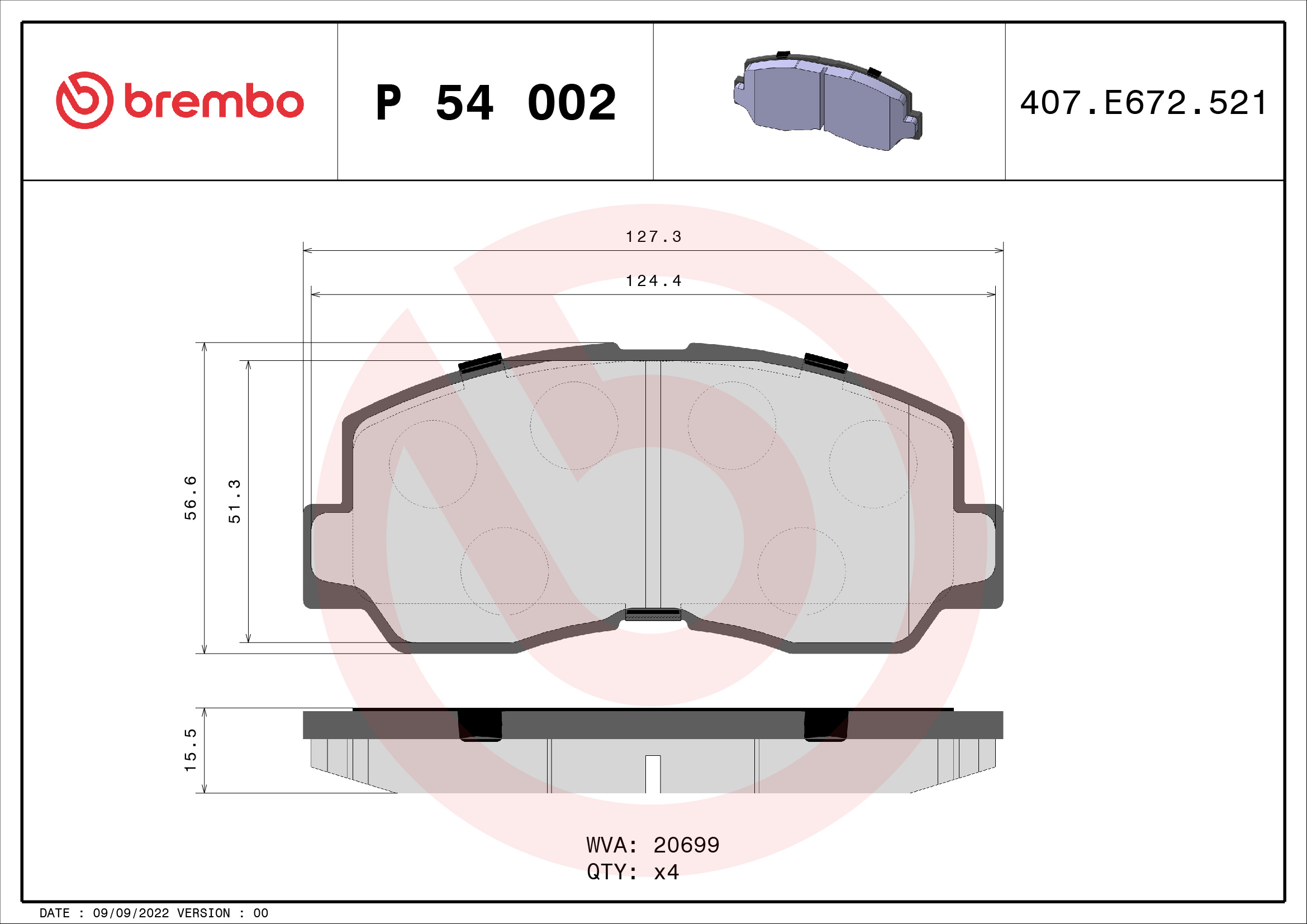 Jogo de 4 pastilhas de travão BREMBO ref. P 54 002