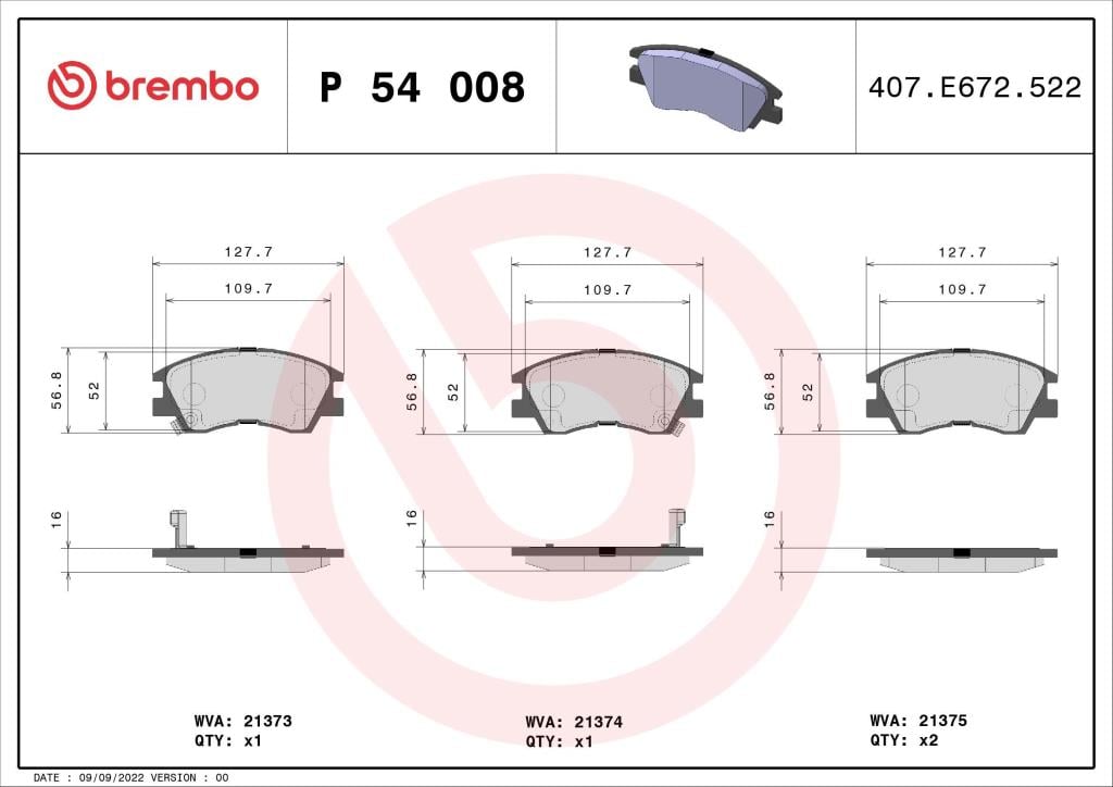 Jogo de 4 pastilhas de travão BREMBO ref. P 54 008