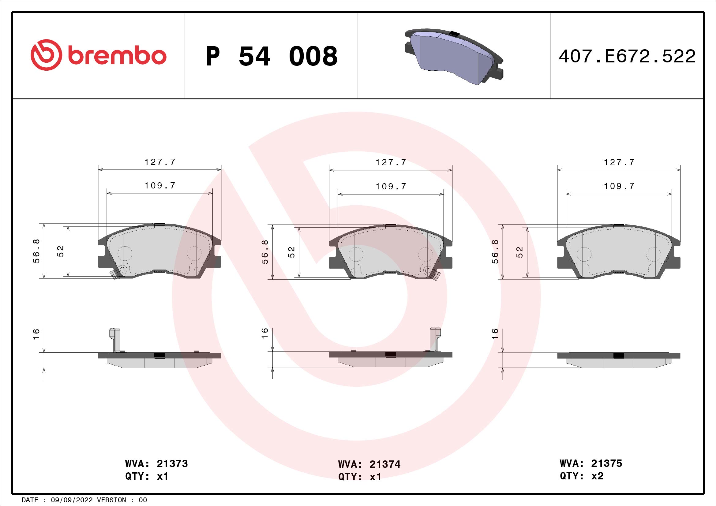 Jogo de 4 pastilhas de travão BREMBO ref. P 54 008