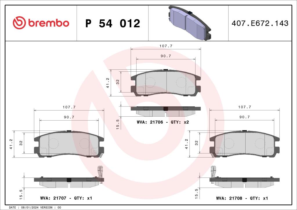 Jogo de 4 pastilhas de travão BREMBO ref. P 54 012