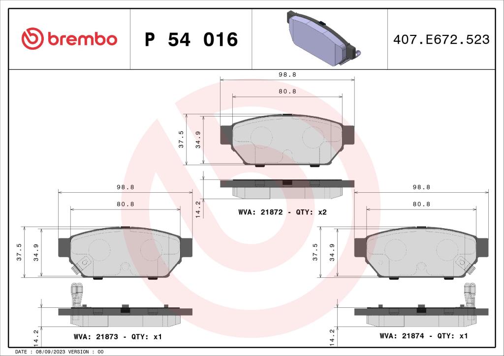 Jogo de 4 pastilhas de travão BREMBO ref. P 54 016