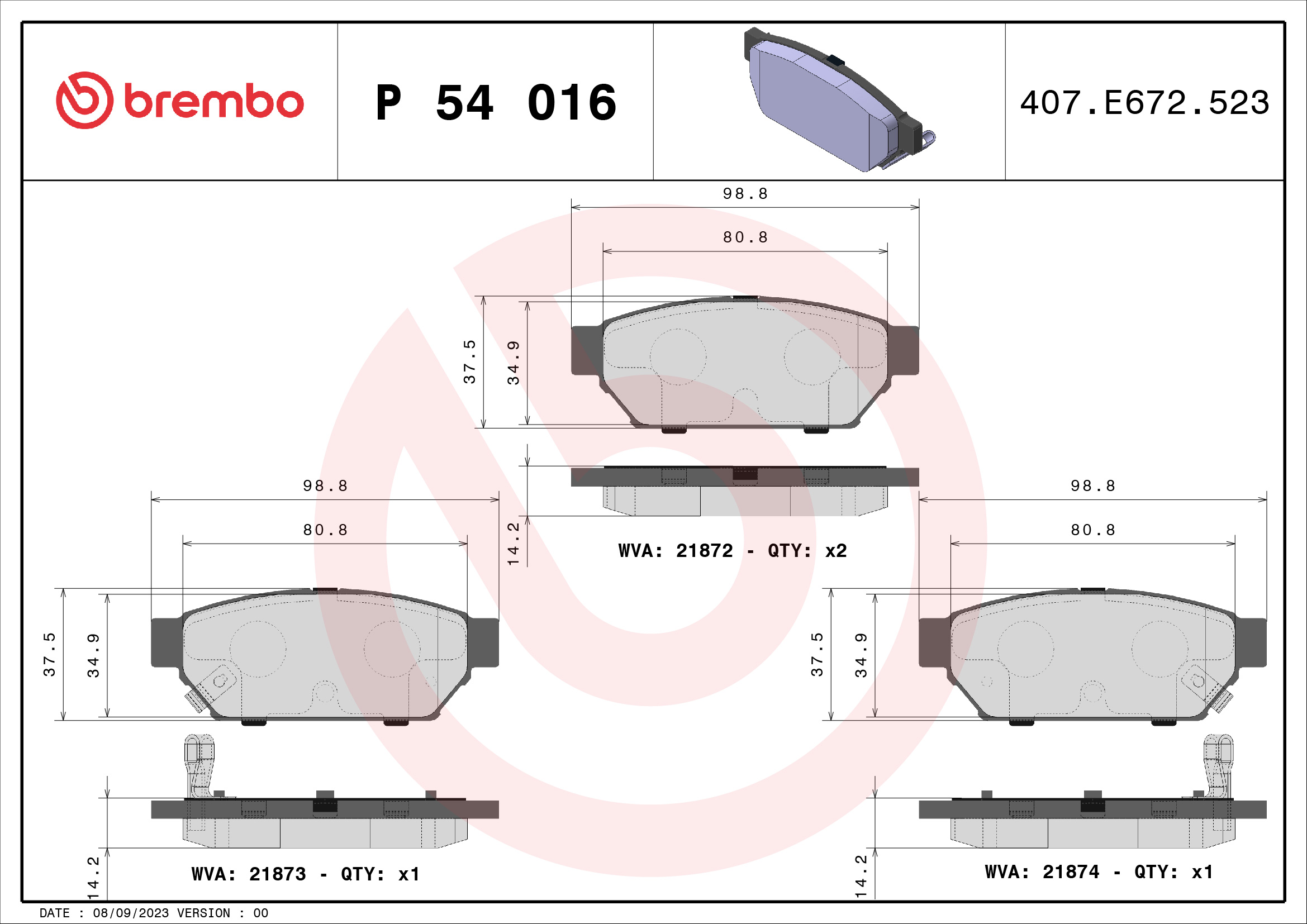Jogo de 4 pastilhas de travão BREMBO ref. P 54 016