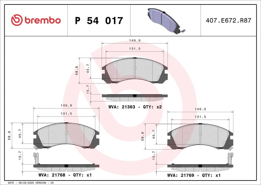 Jogo de 4 pastilhas de travão BREMBO ref. P 54 017