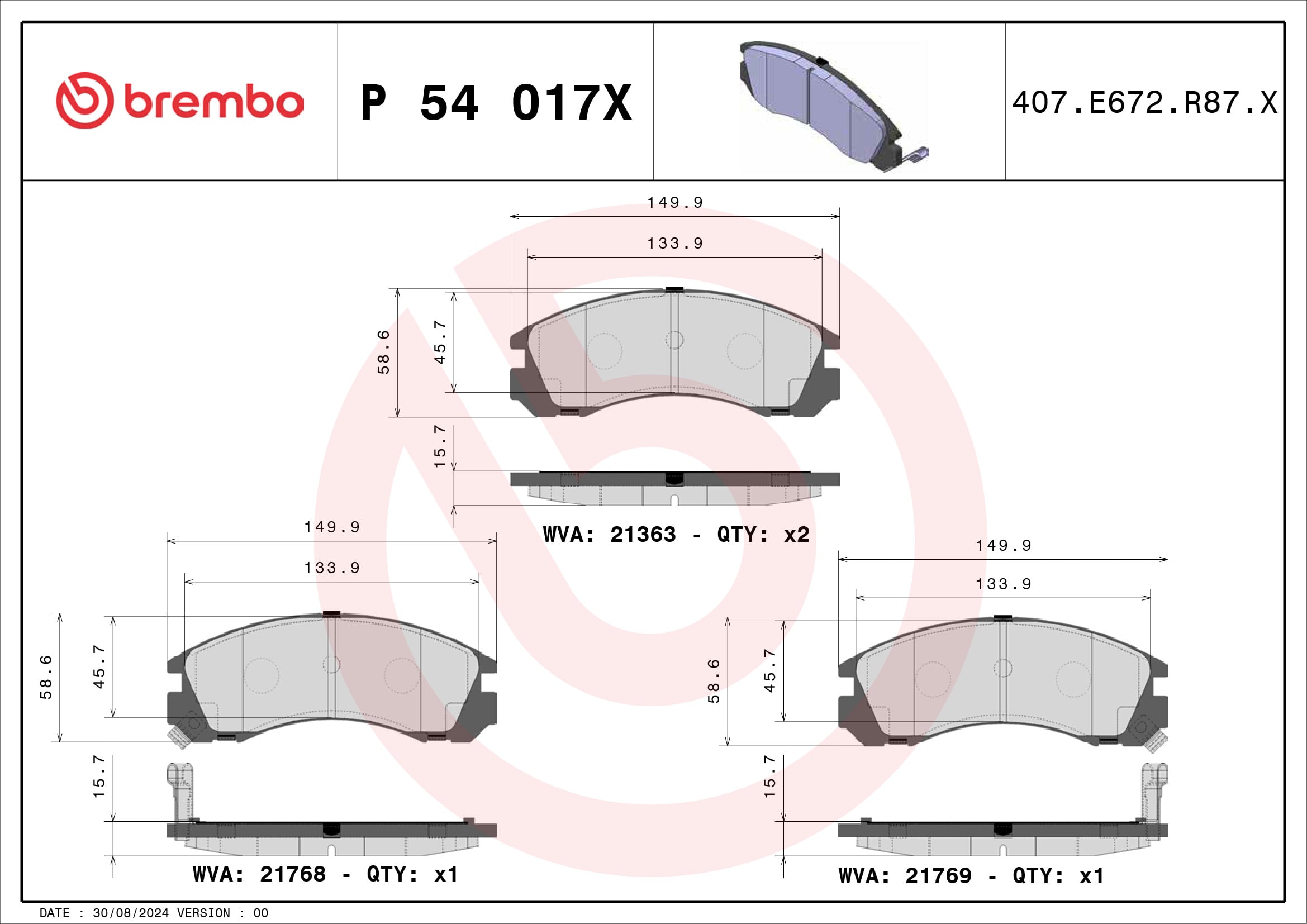 Jogo de 4 pastilhas de travão BREMBO ref. P 54 017X