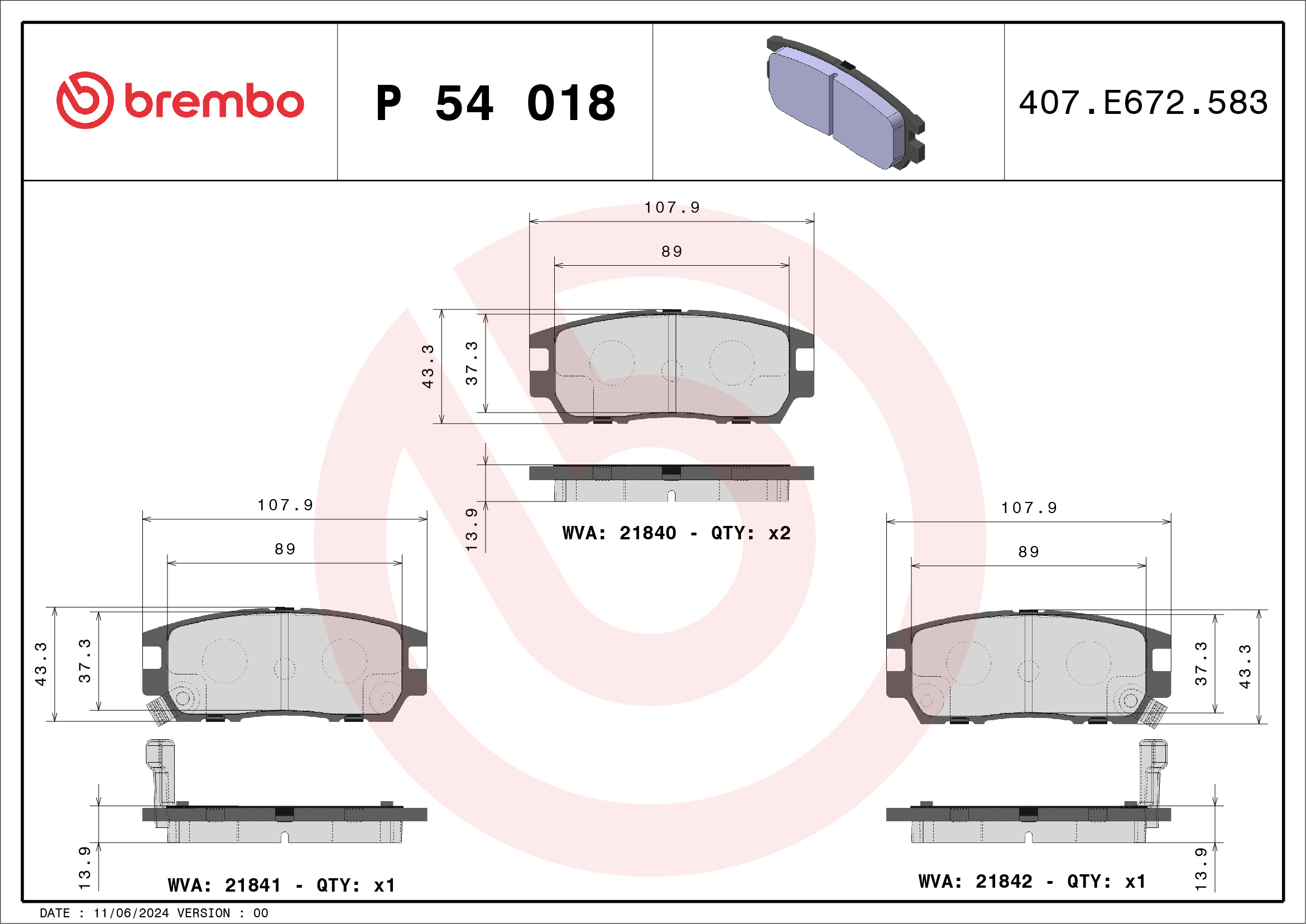 Jeu de 4 plaquettes de frein BREMBO ref. P 54 018