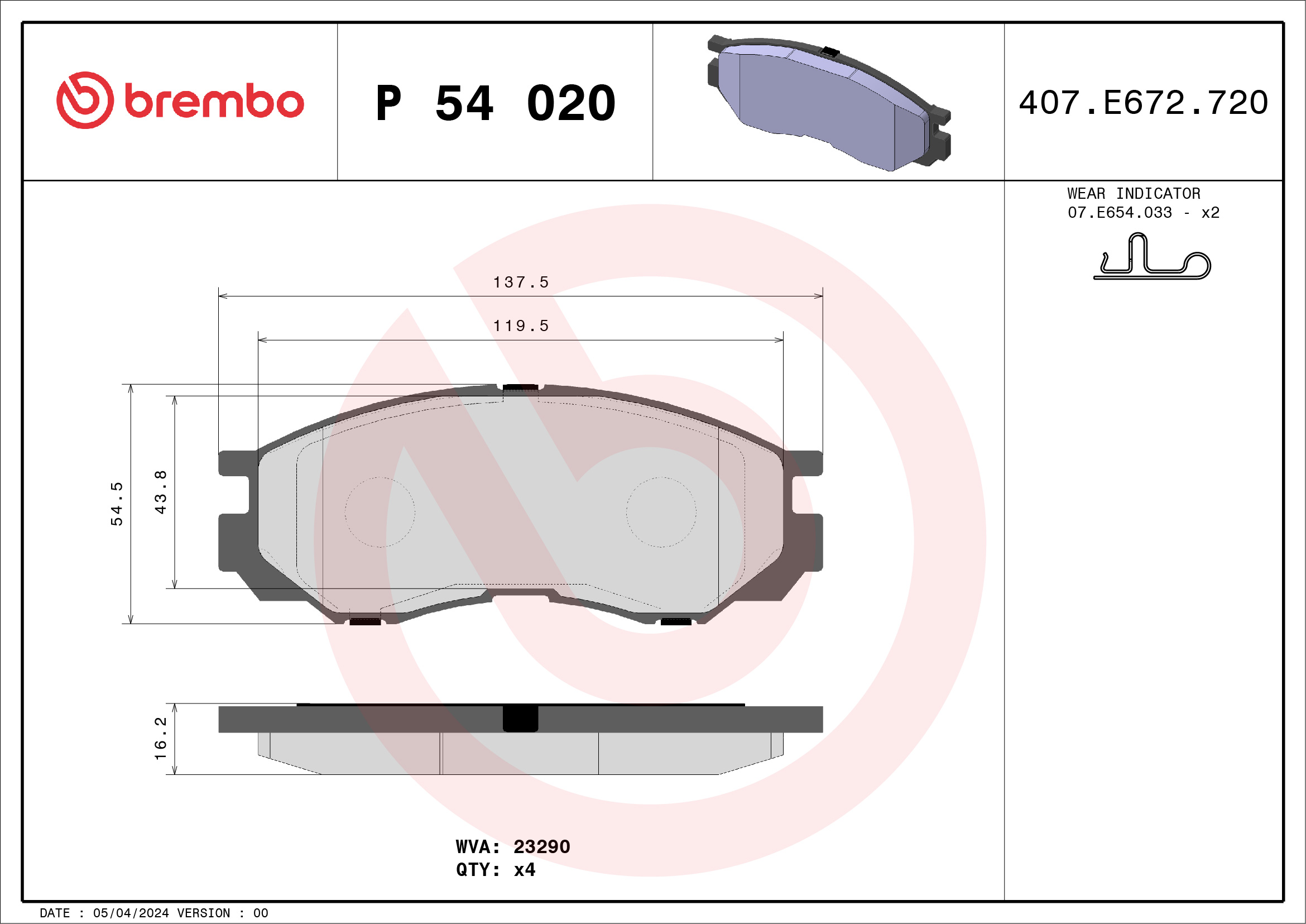 Jeu de 4 plaquettes de frein BREMBO ref. P 54 020