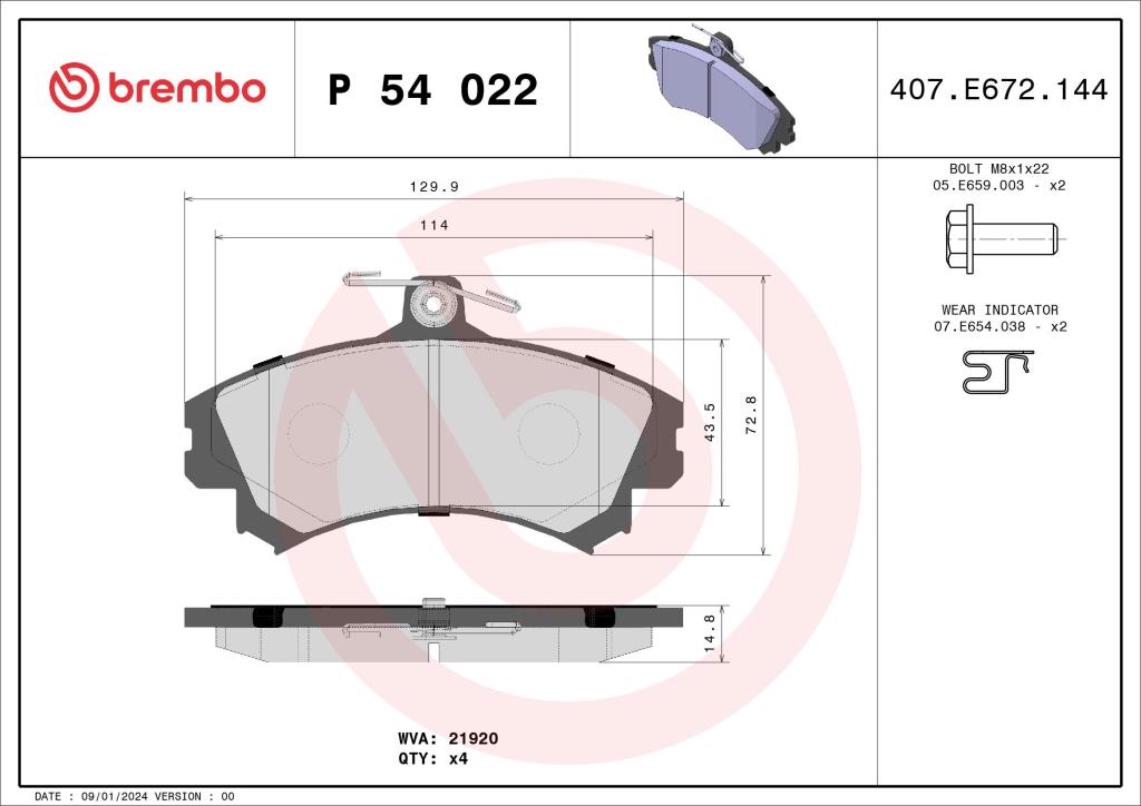 Jeu de 4 plaquettes de frein BREMBO ref. P 54 022