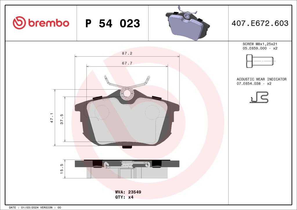 Jogo de 4 pastilhas de travão BREMBO ref. P 54 023