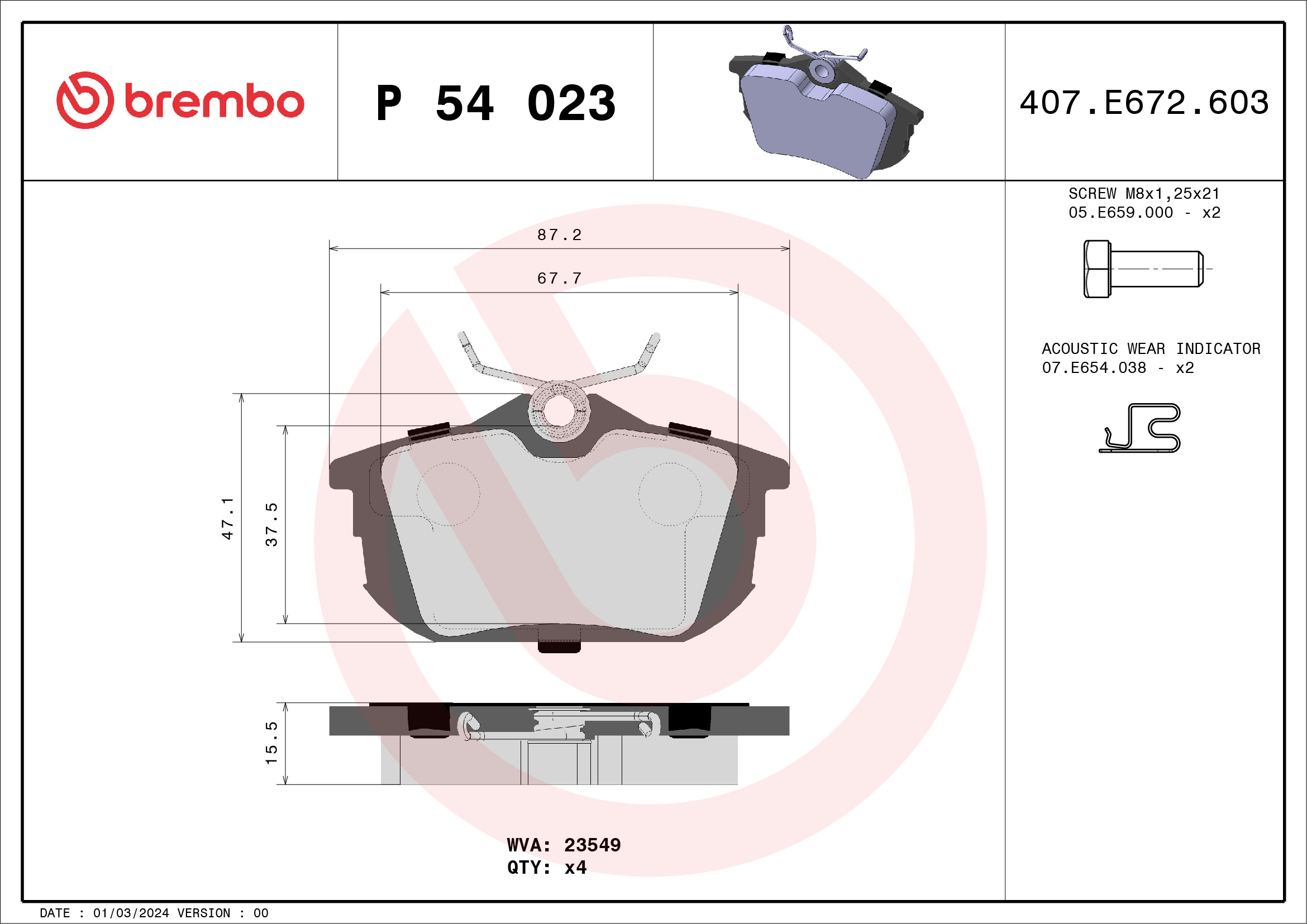 Jogo de 4 pastilhas de travão BREMBO ref. P 54 023