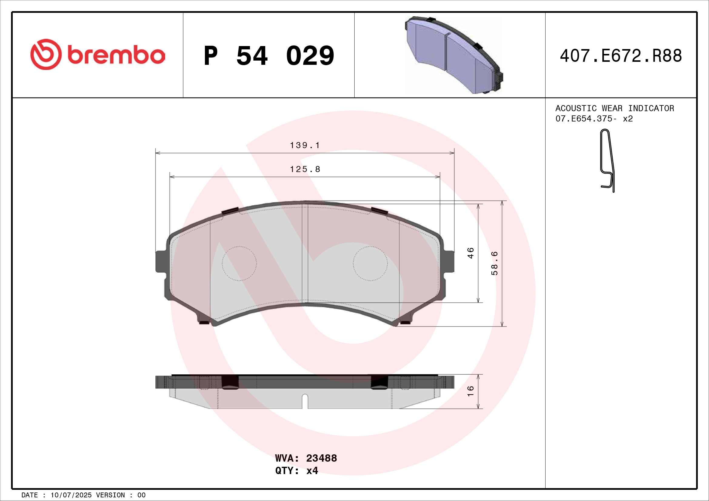 Jogo de 4 pastilhas de travão BREMBO ref. P 54 029