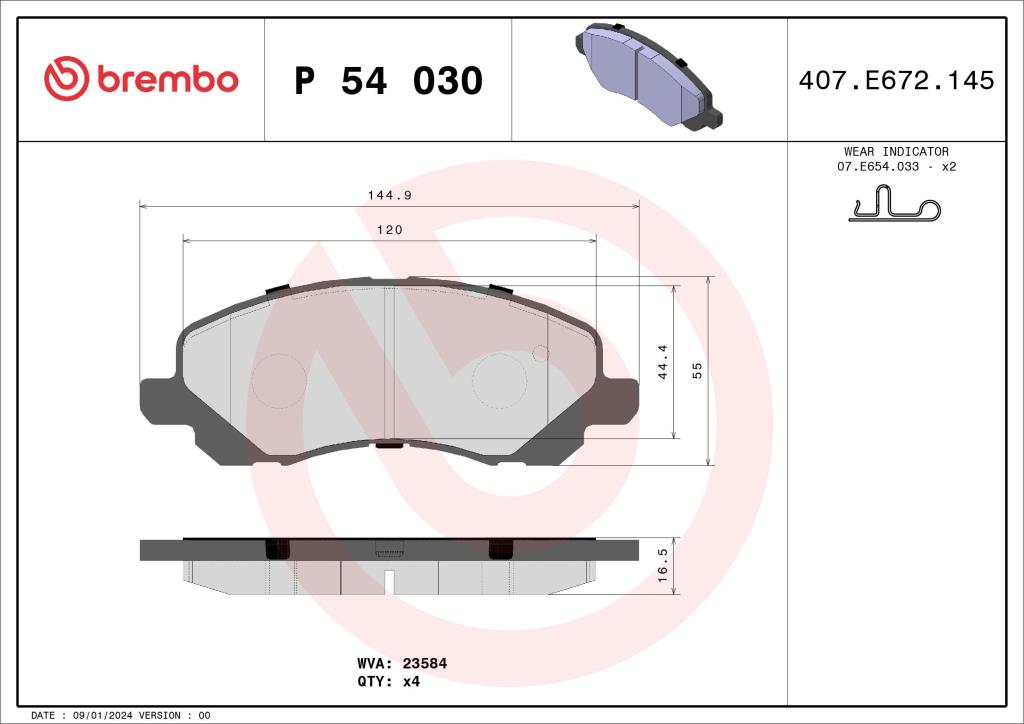 Jeu de 4 plaquettes de frein BREMBO ref. P 54 030