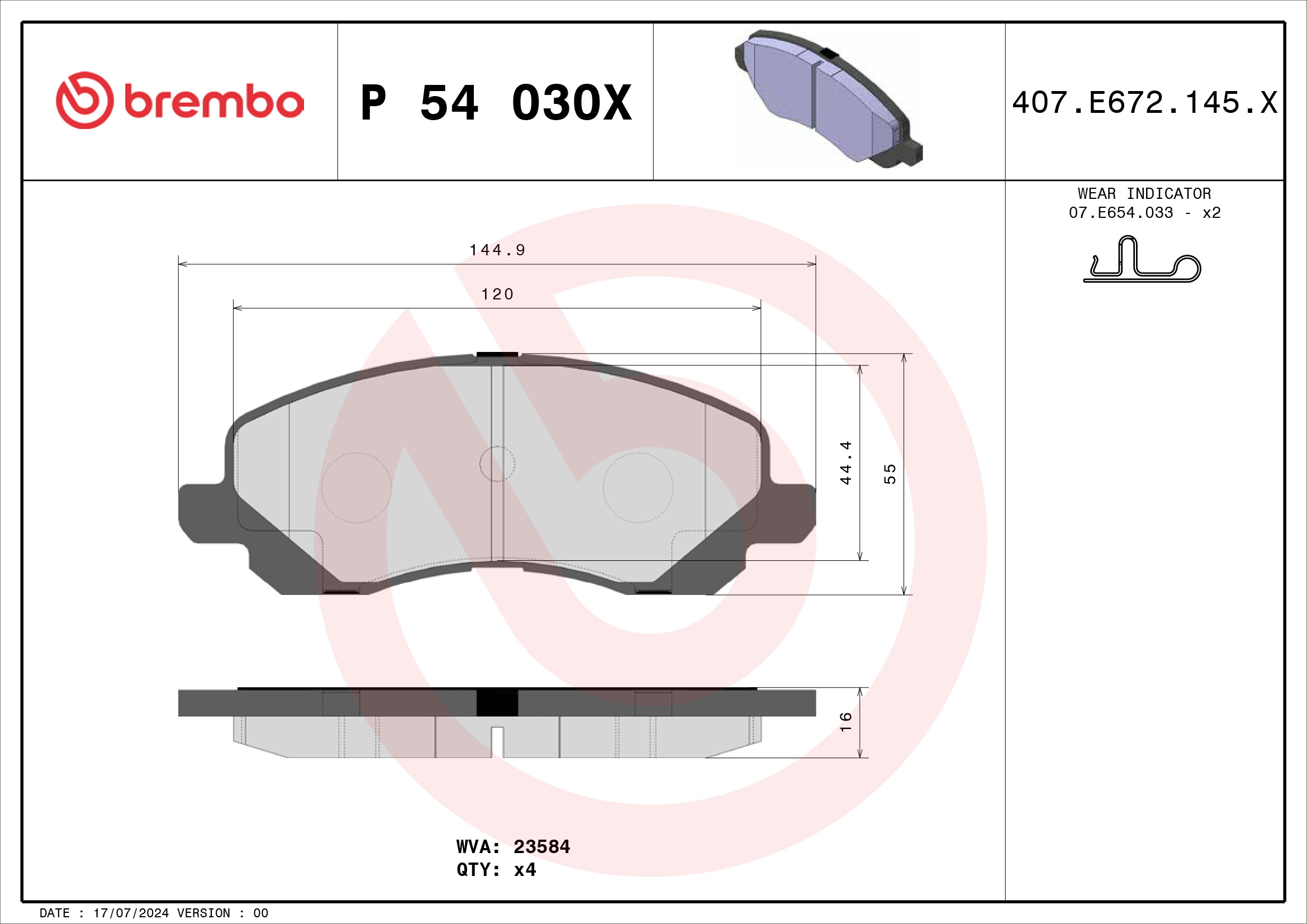 Jogo de 4 pastilhas de travão BREMBO ref. P 54 030X